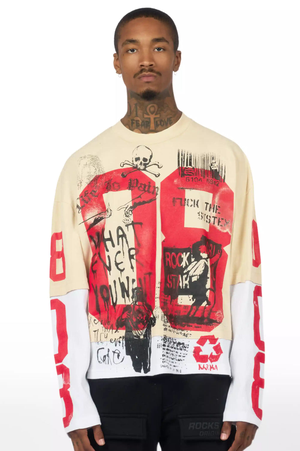 Grill Beige/Red Boxy Crop Double Layer Tee