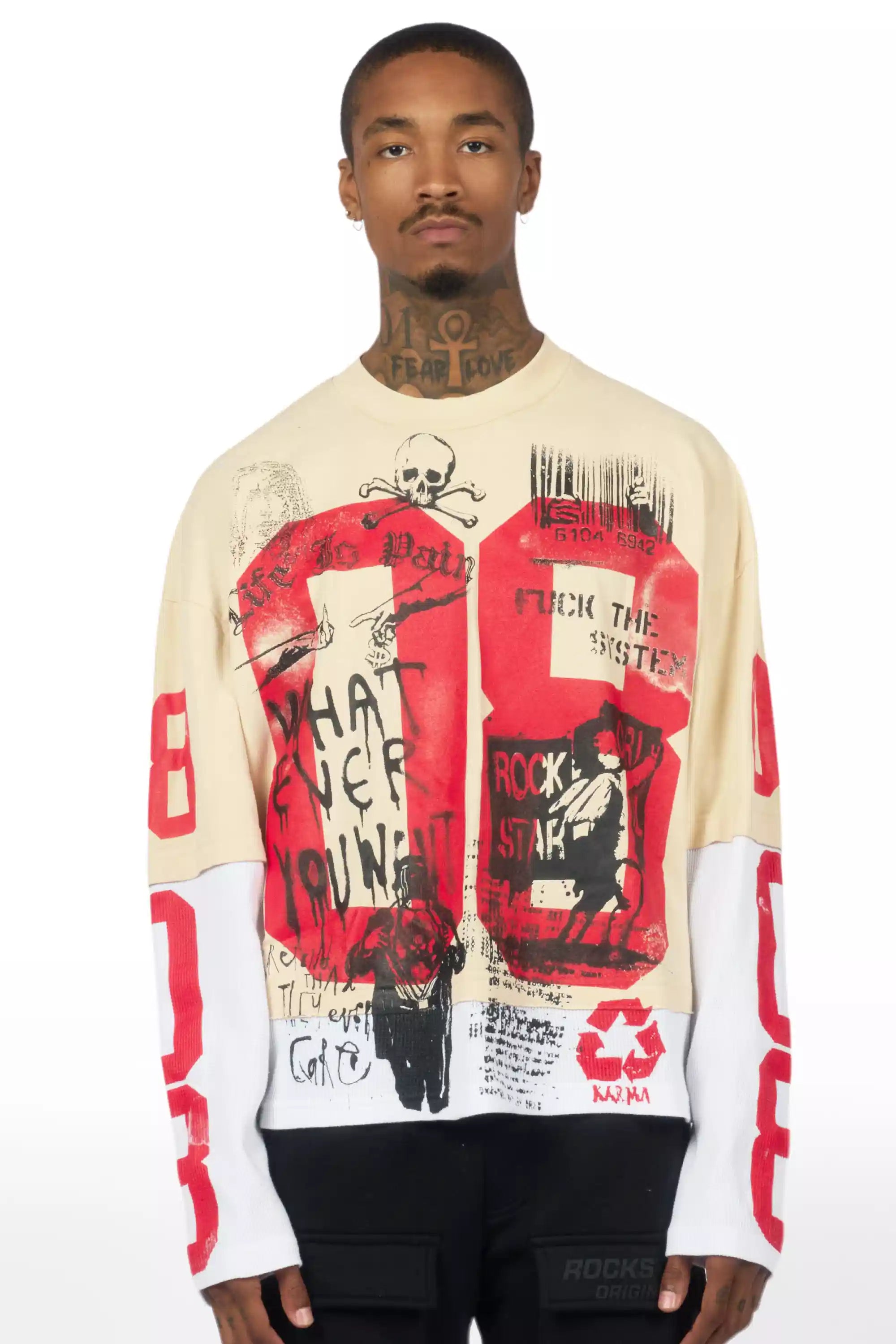 Grill Beige/Red Boxy Crop Double Layer Tee