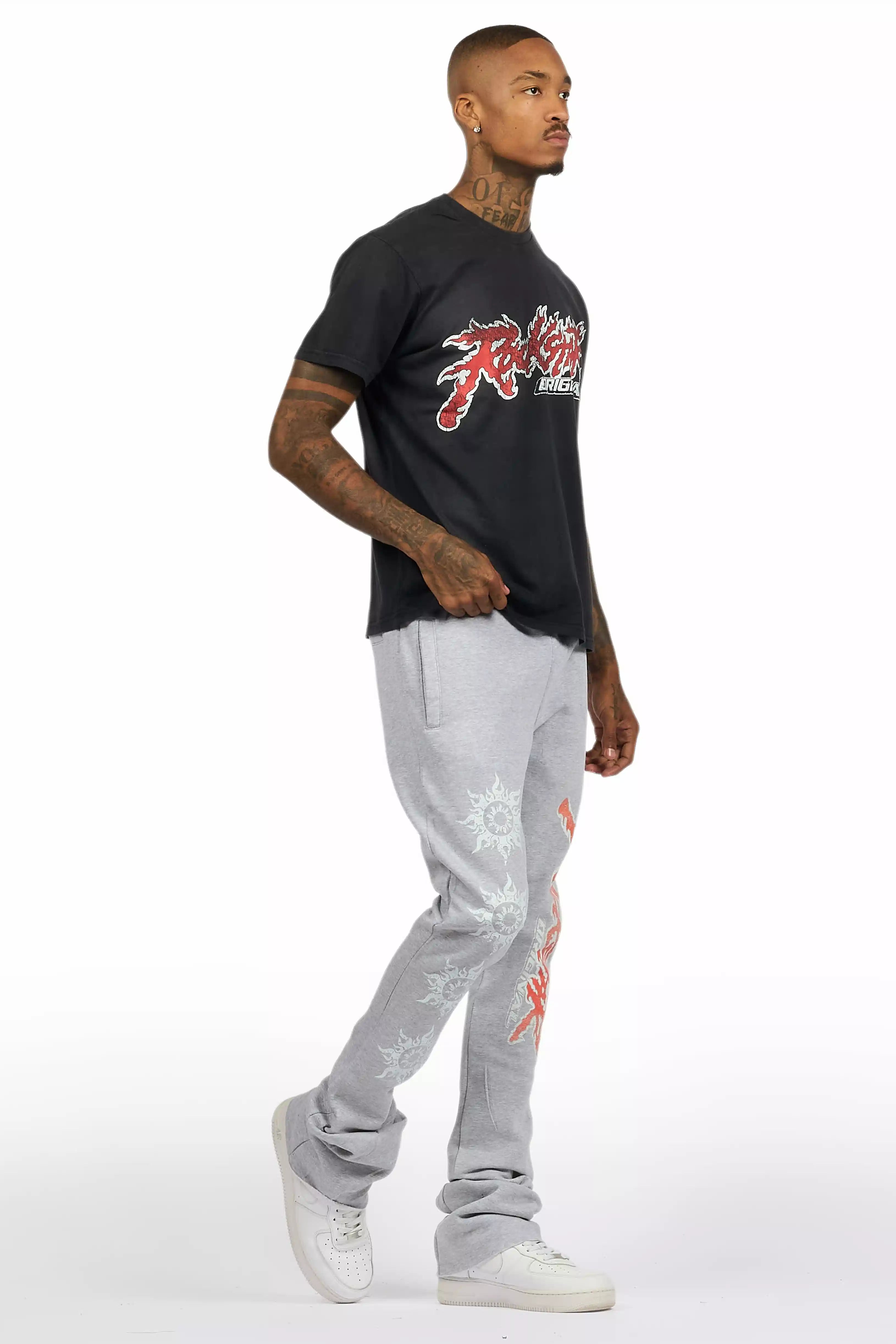 Yash Charcoal Grey T-Shirt/Stacked Flare Track Pant Set