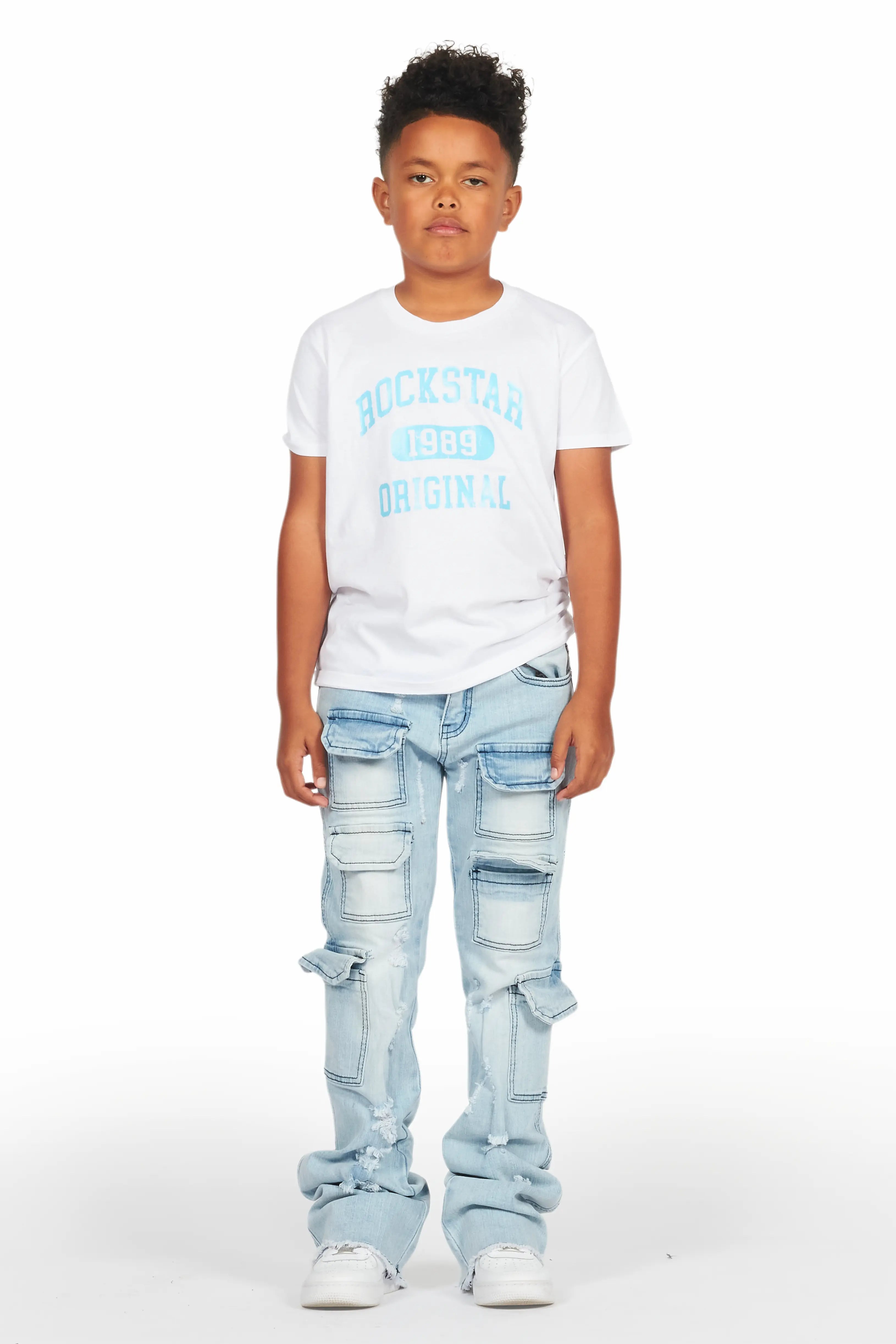 Boys Members White/Blue T-Shirt/Stacked Flare Jean Set