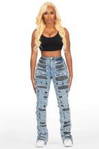 Jaidynn Blue/Black Distressed Stacked Flare Jean