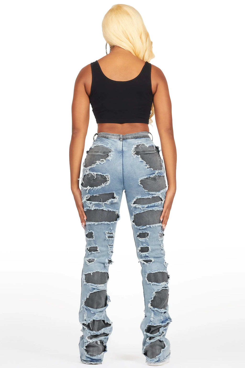 Jaidynn Blue/Black Distressed Stacked Flare Jean
