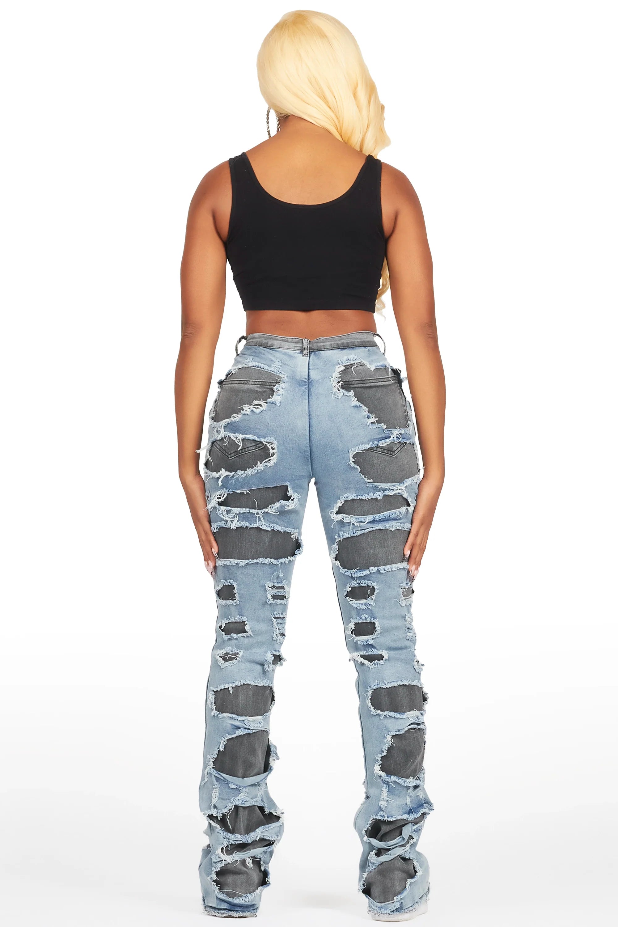 Jaidynn Blue/Black Distressed Stacked Flare Jean