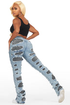 Jaidynn Blue/Black Distressed Stacked Flare Jean