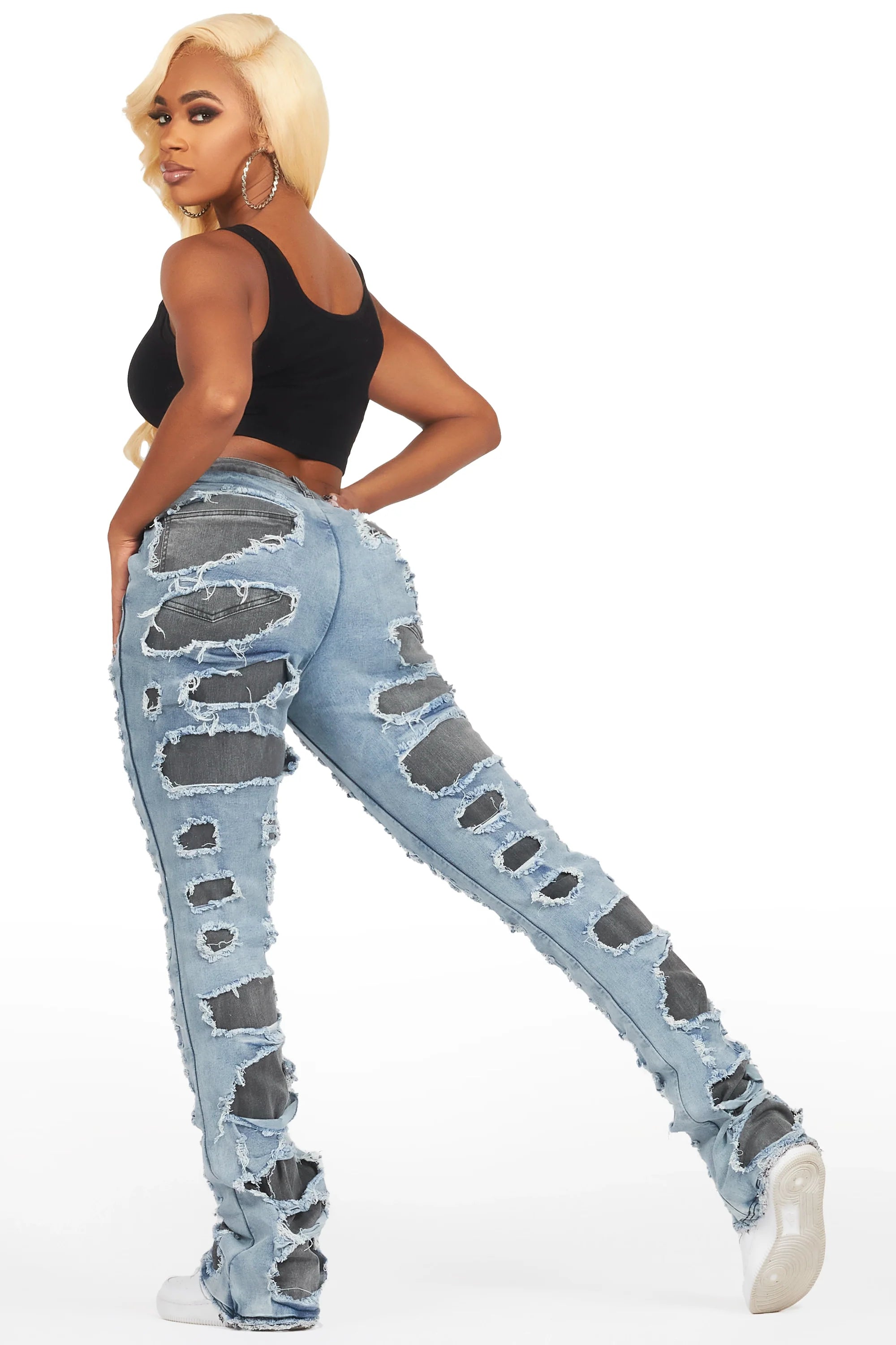 Jaidynn Blue/Black Distressed Stacked Flare Jean