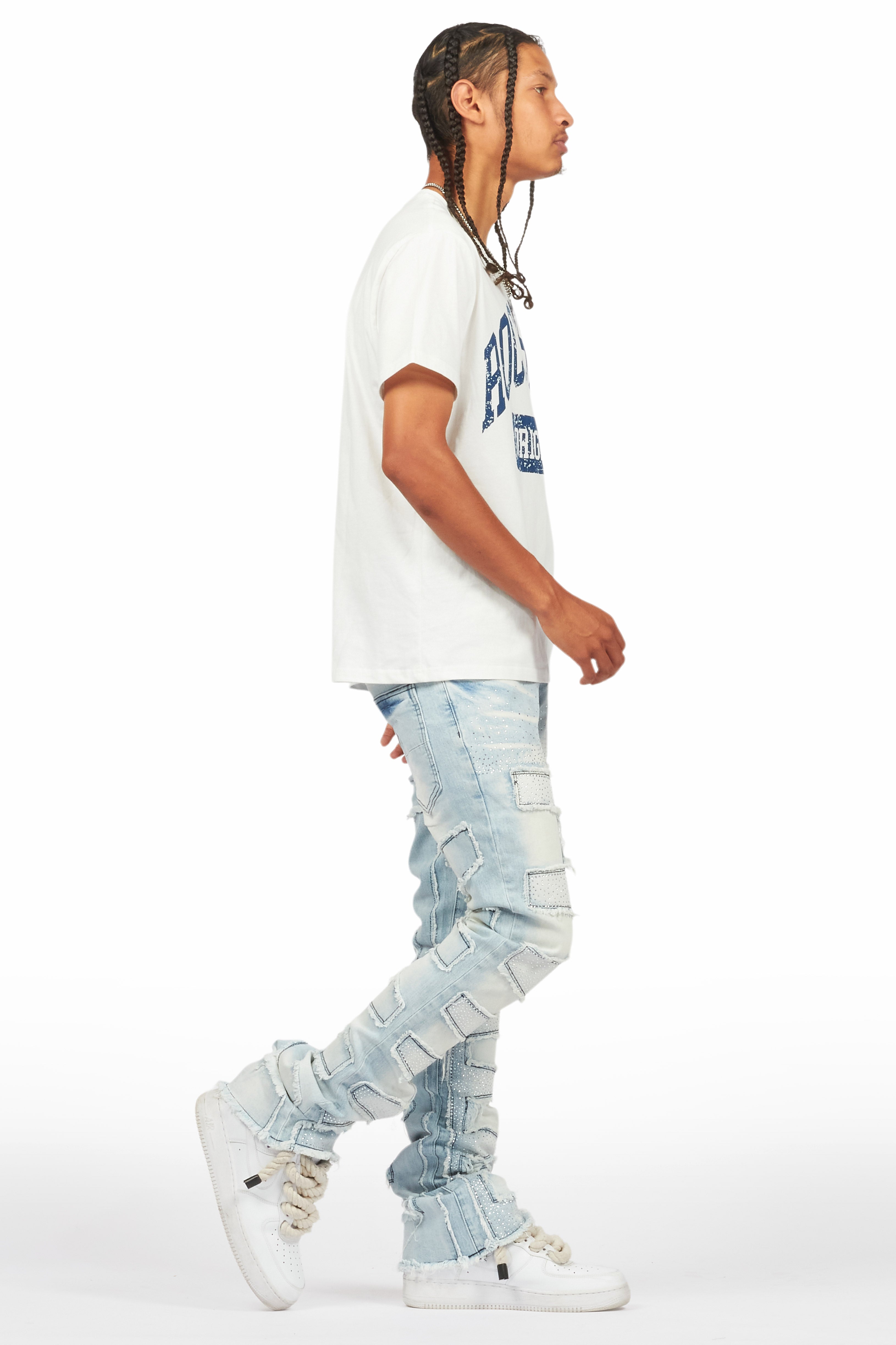 Shake Light Blue Rhinestone Stacked Flare Jean