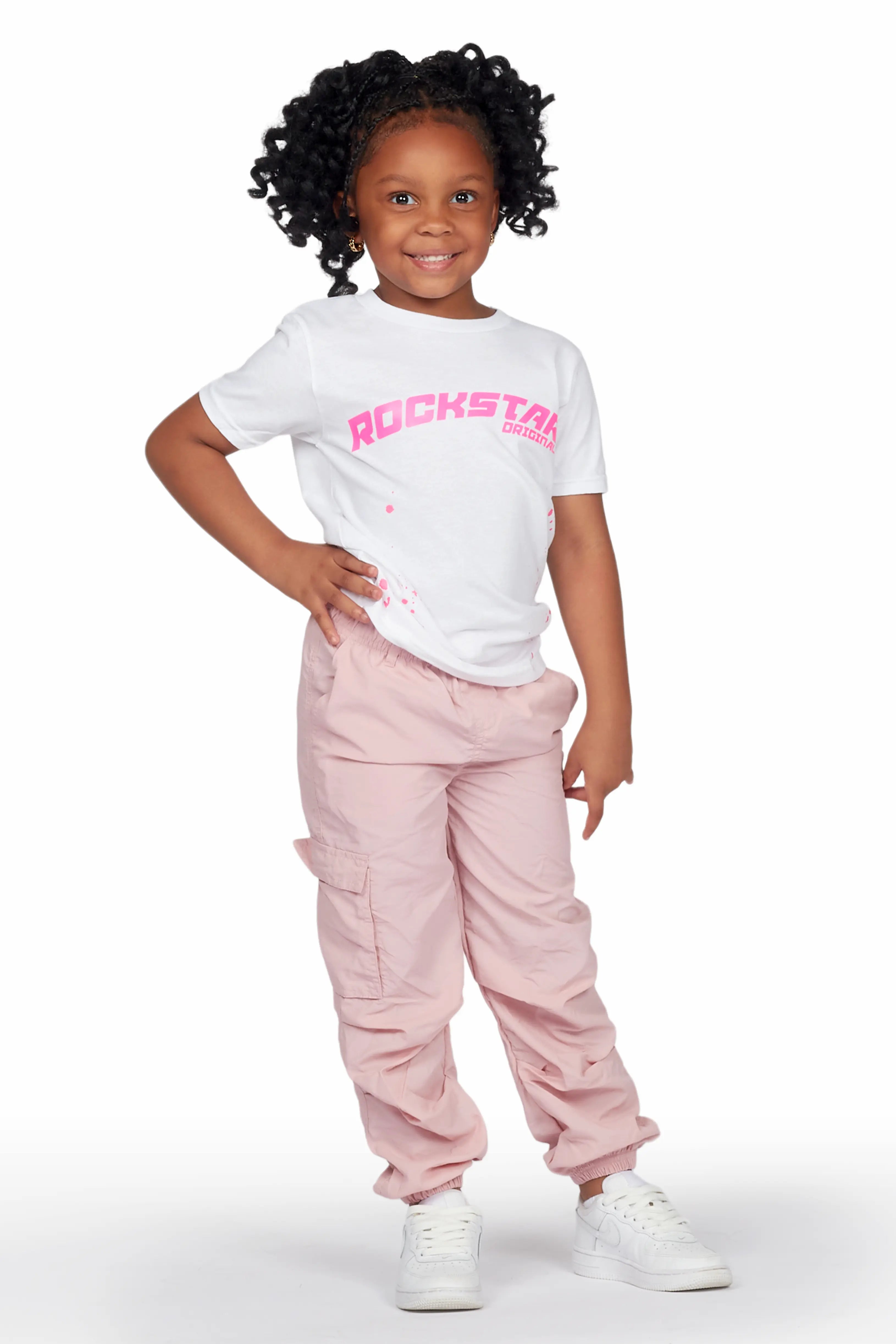 Girls Quincy White/Pink T-Shirt Cargo Jogger Set