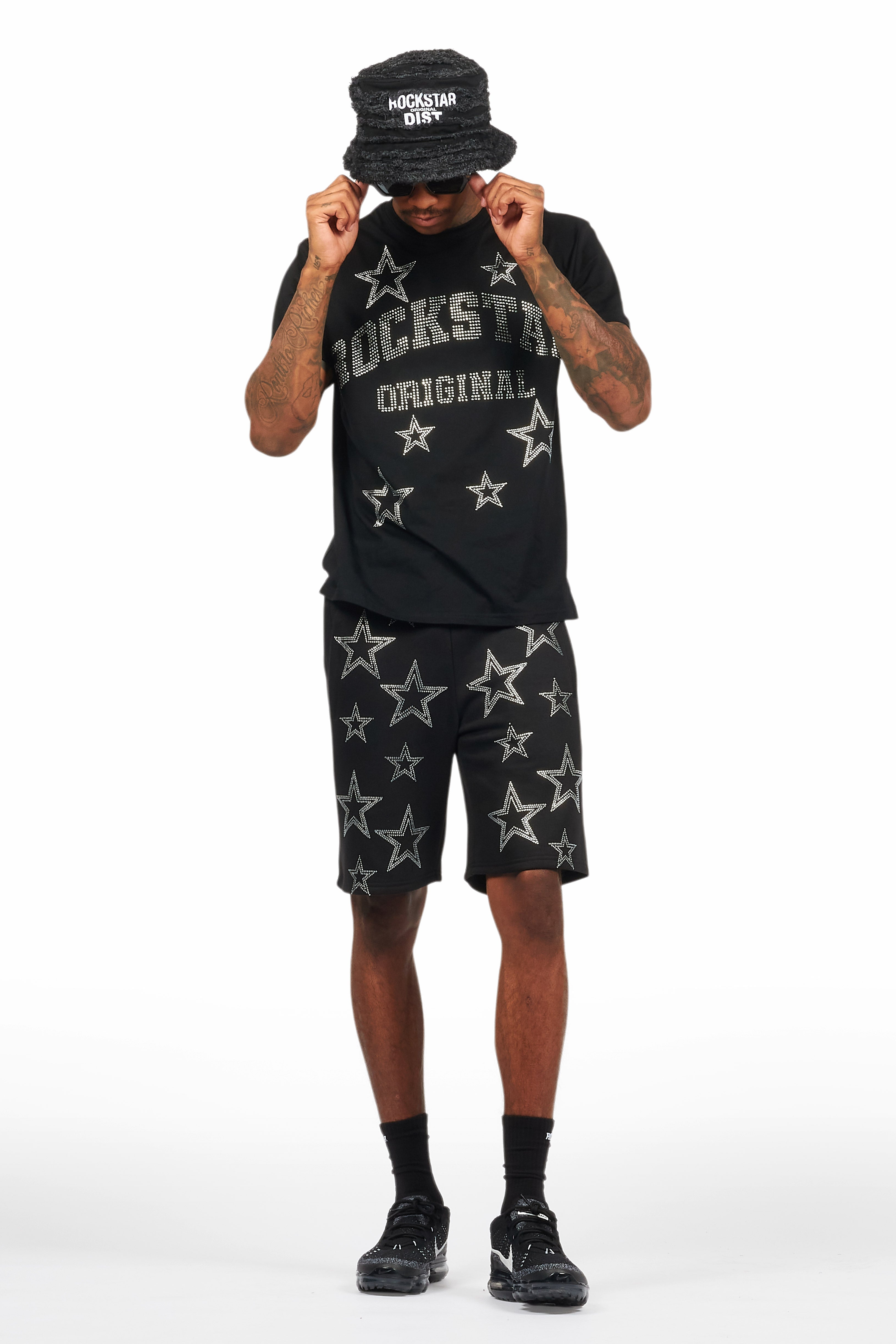 Nox Black Rhinestone T Shirt Short Set