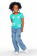 Girls Merald Green T-Shirt Wide Leg Cargo Jean Set