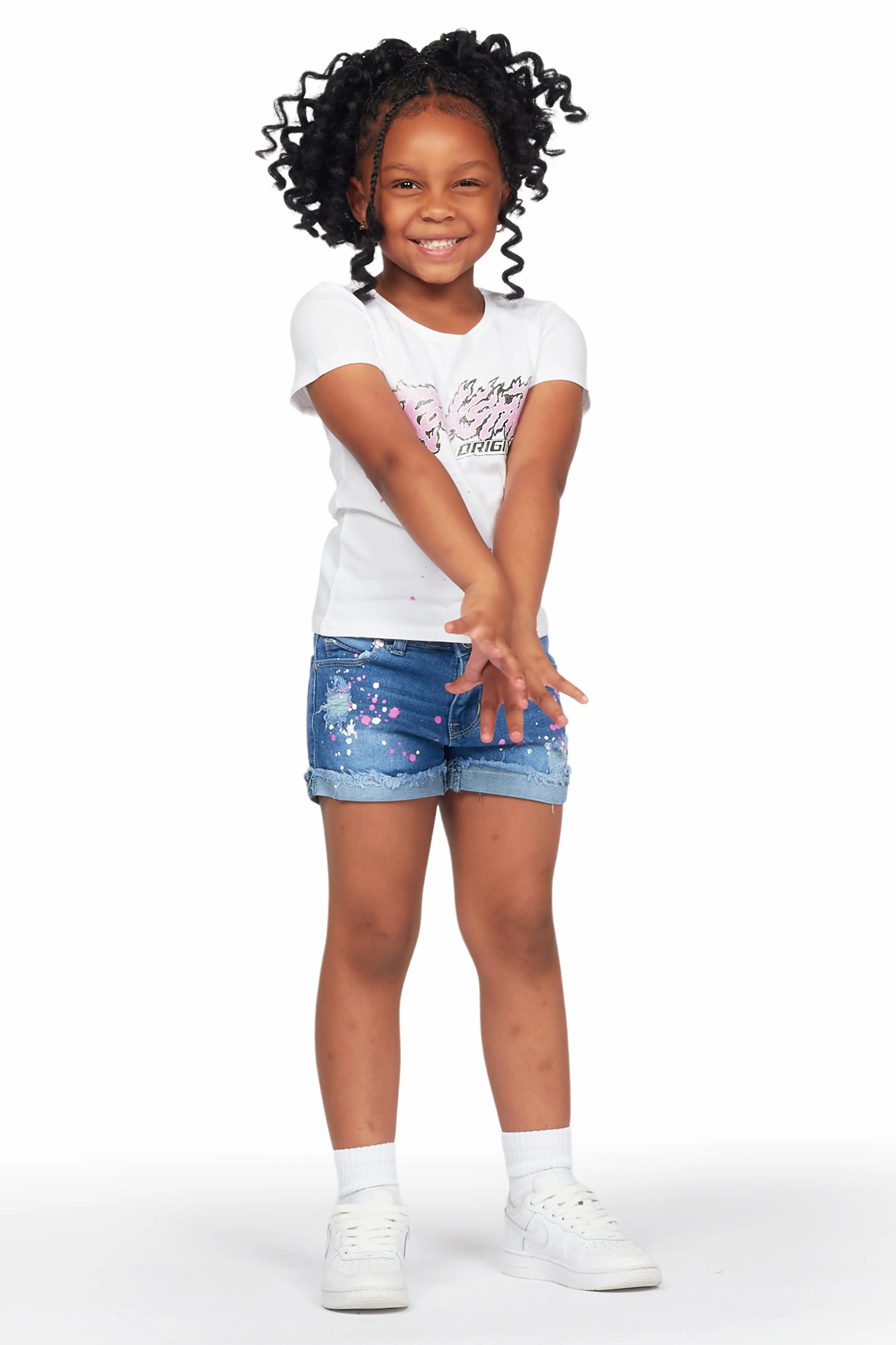 Girls Nahla White T-Shirt/Denim Short Set