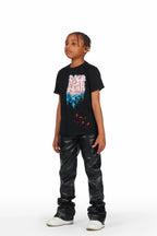 Boys Hades Black T-Shirt/Super Stacked Flare PU Jean Set