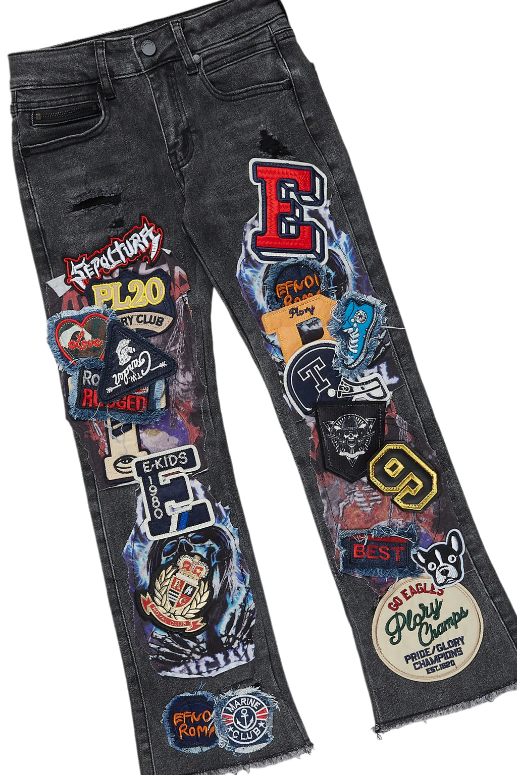 Girls Kaite Black T-Shirt/Stacked Flare Jean Set