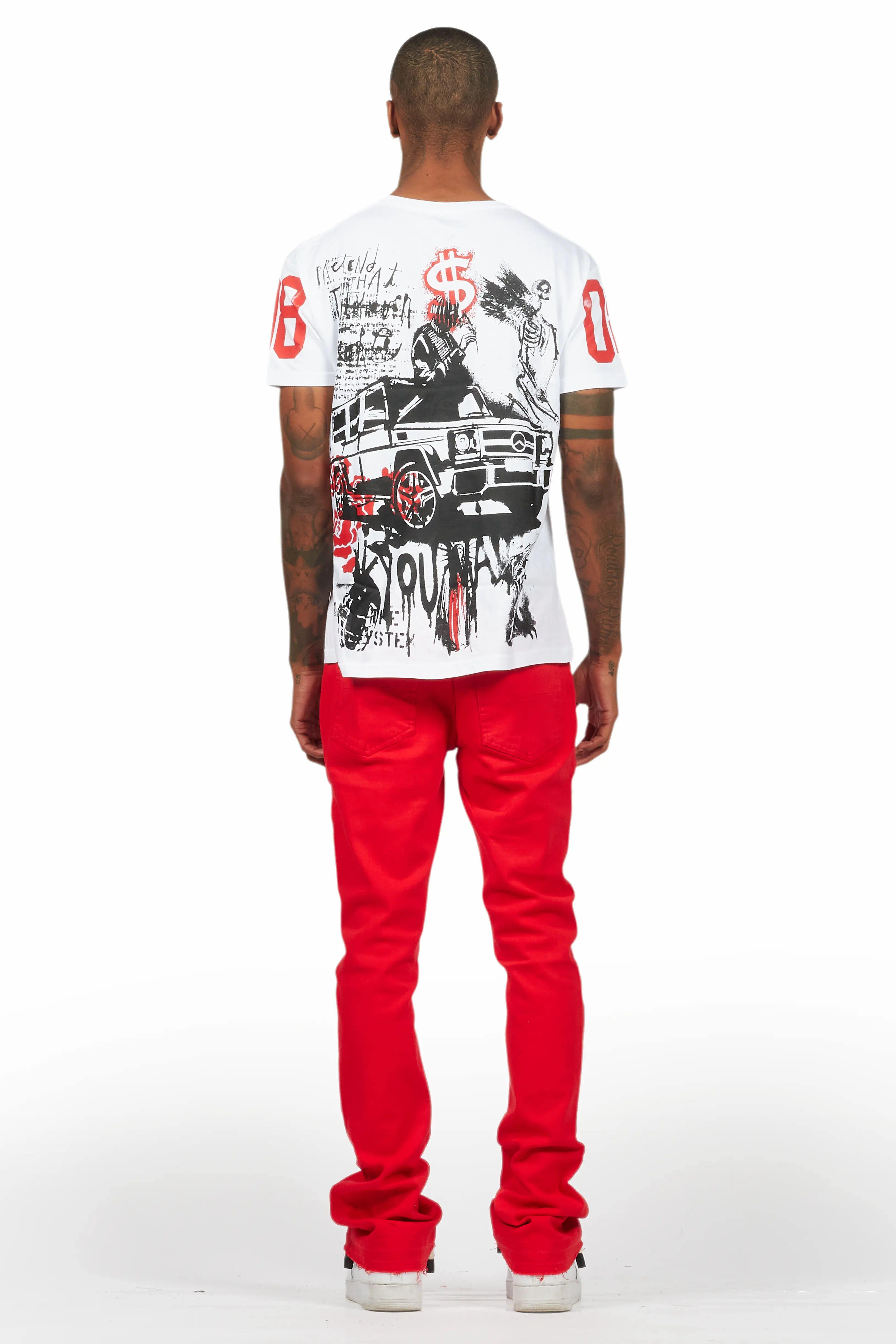 Grill White/Red Oversized Graphic T-Shirt/Dag Stacked Flare Jean Set