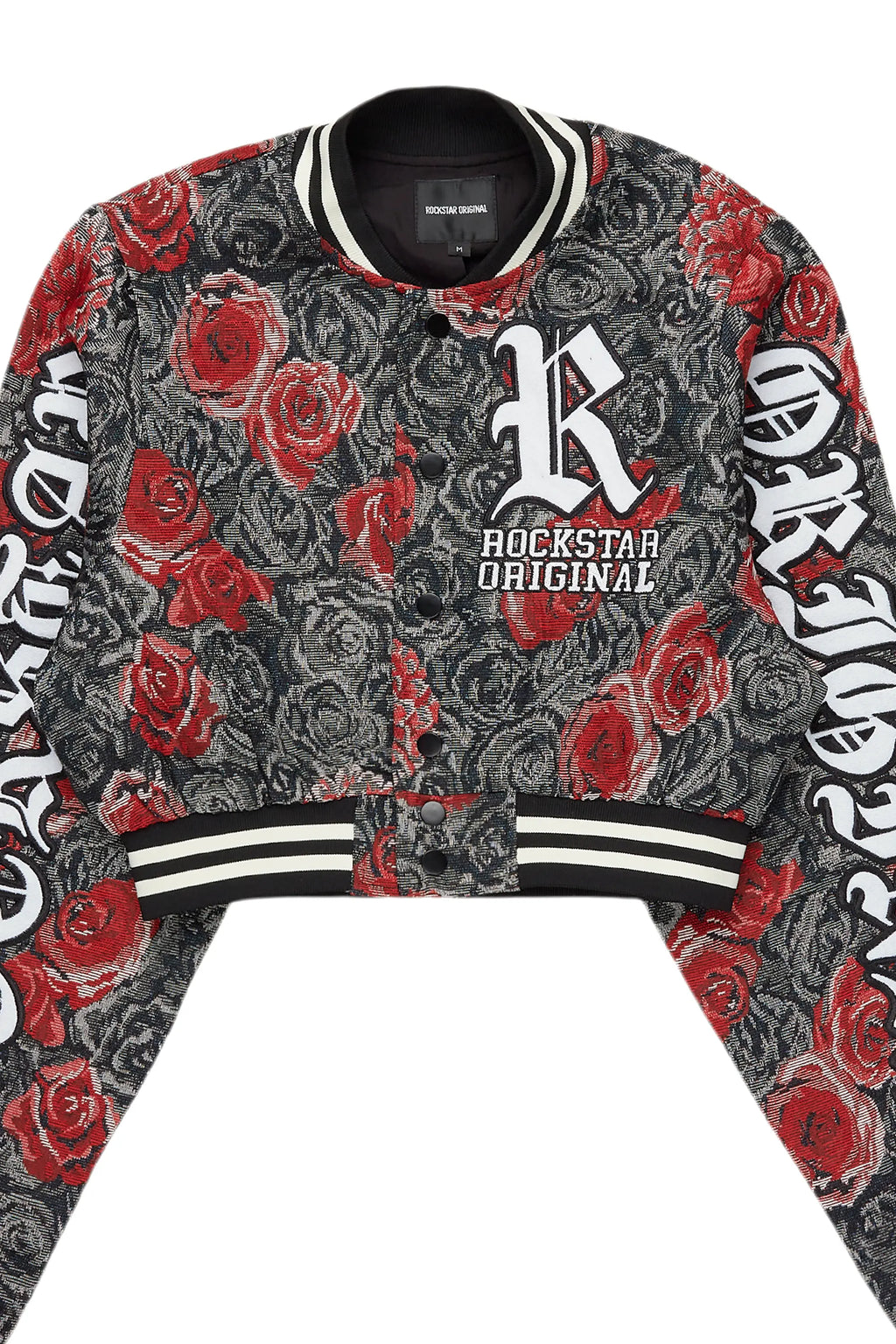 Darresha Black/Red Crop Tapestry Varsity Jacket