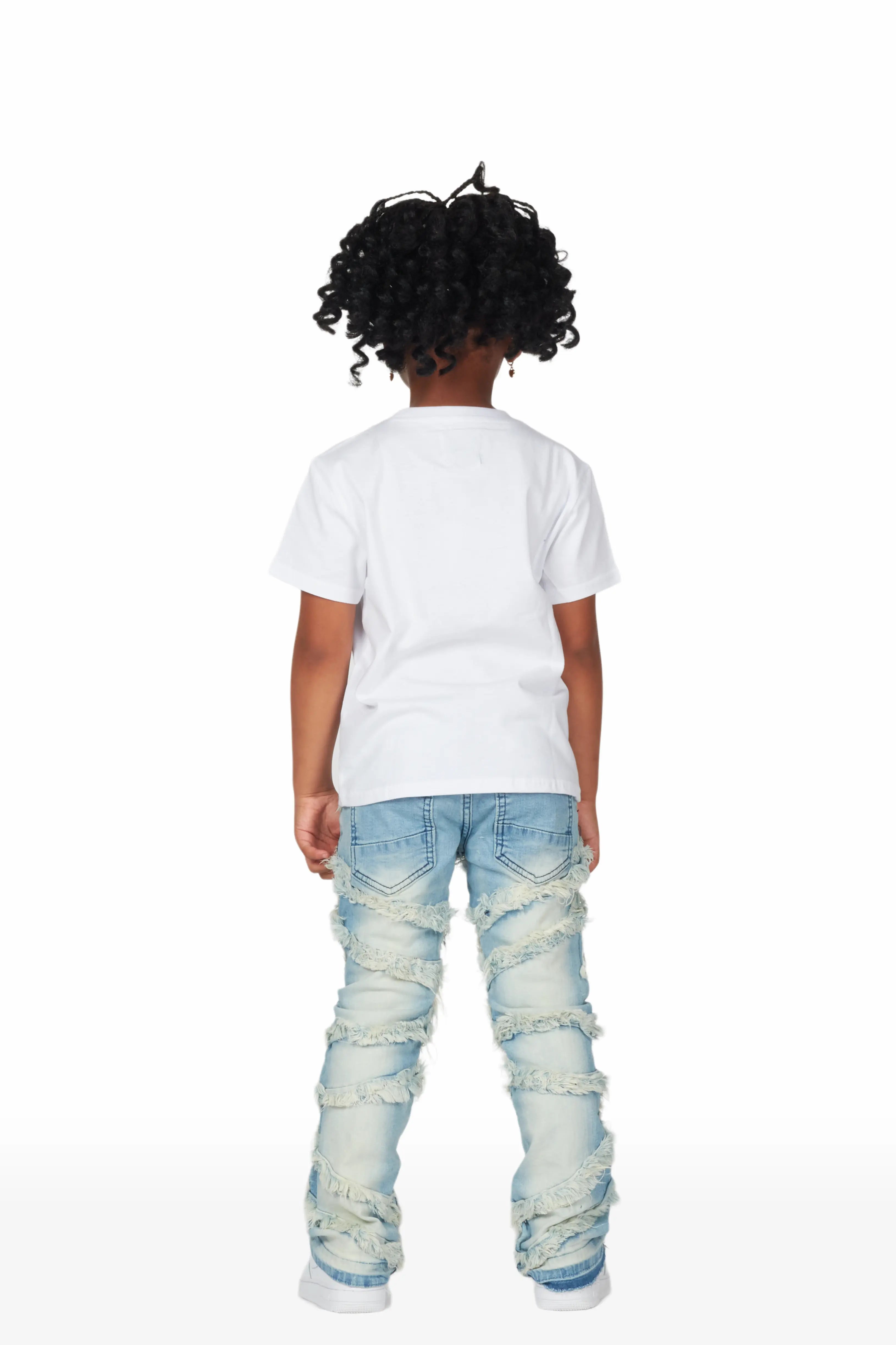 Girls Kaley White/Blue T-Shirt/Stacked Flare Jean Set