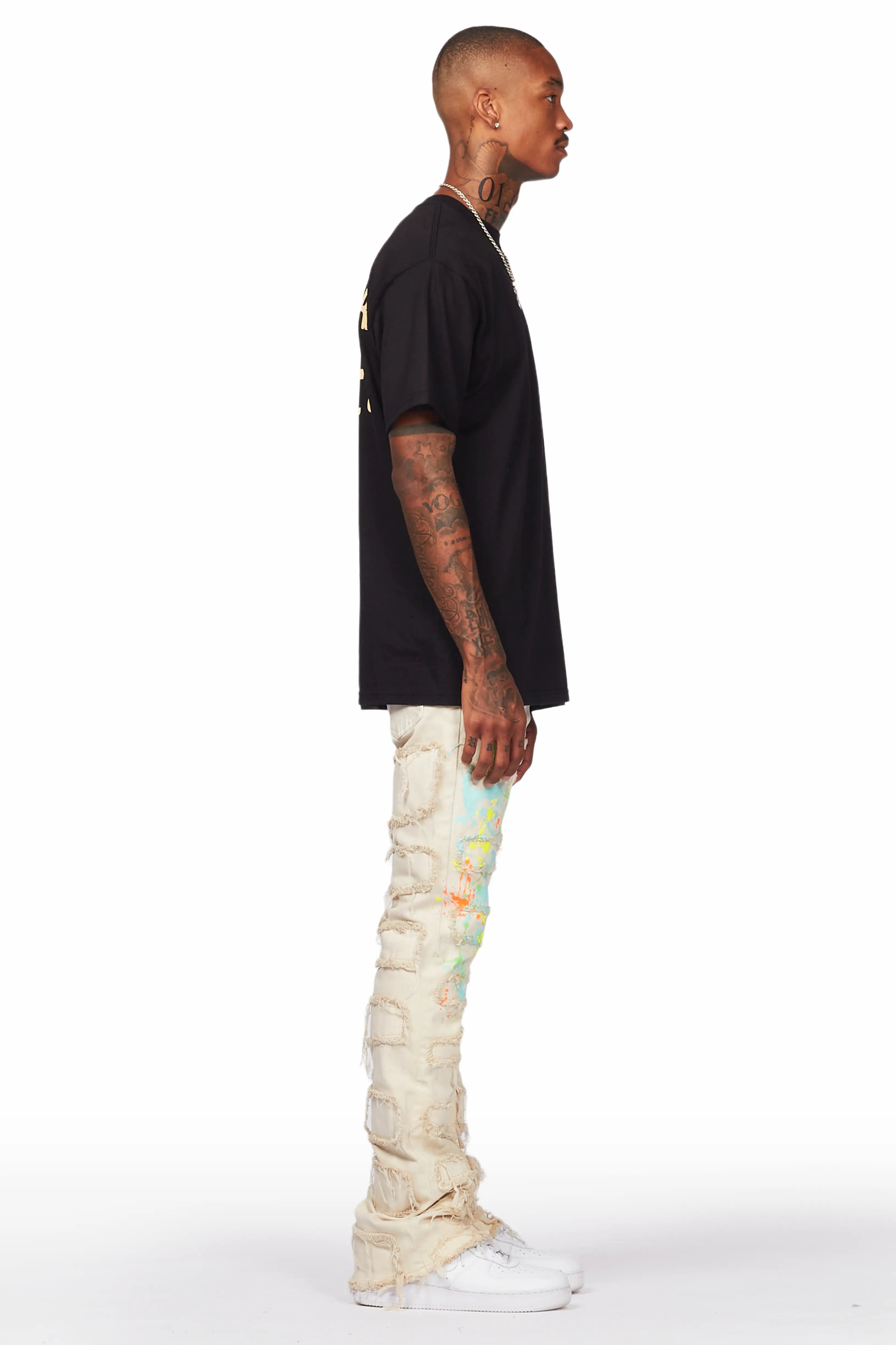 Tacito Beige Painter Stacked Flare Jean