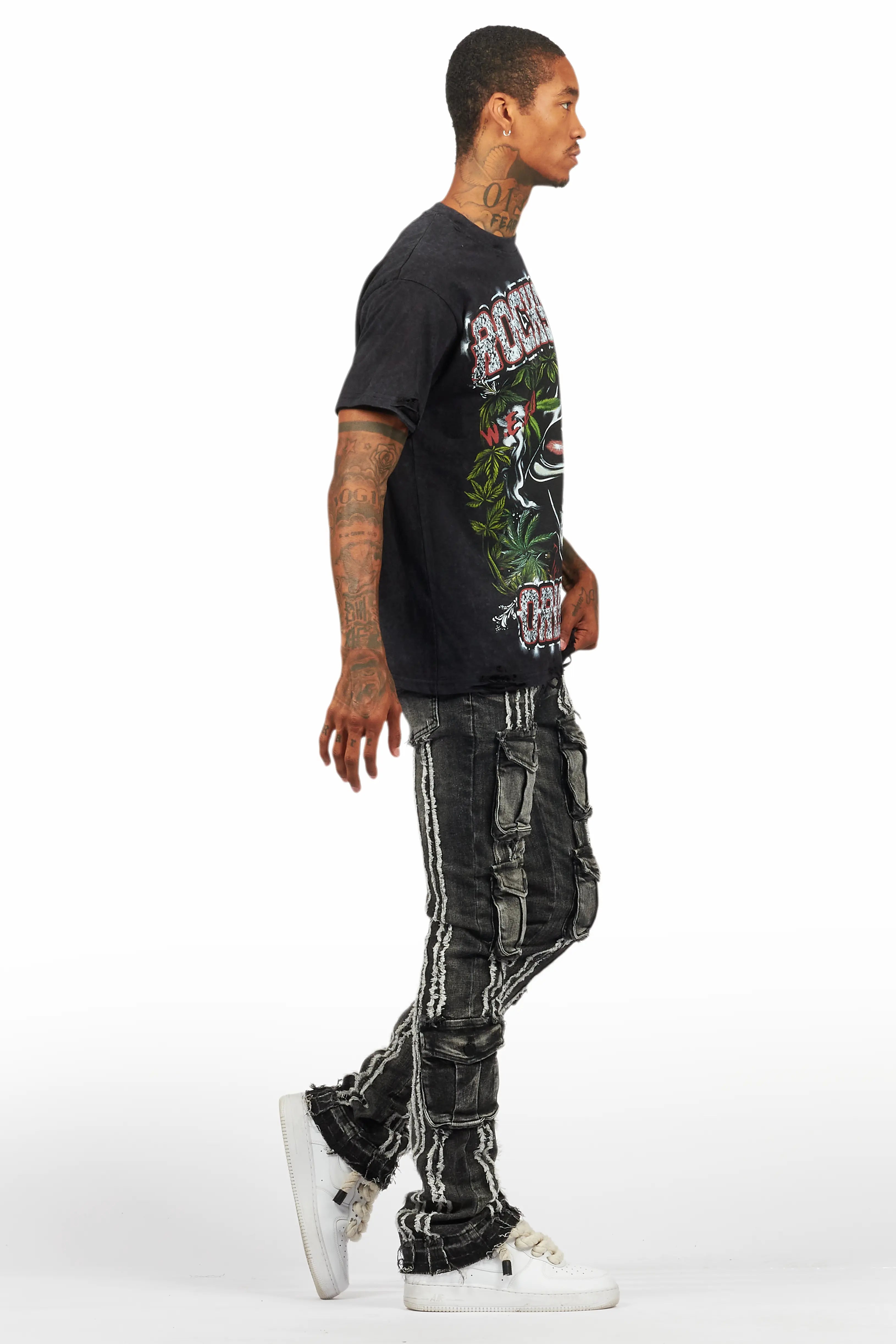 Frey Black Stacked Flare Jean