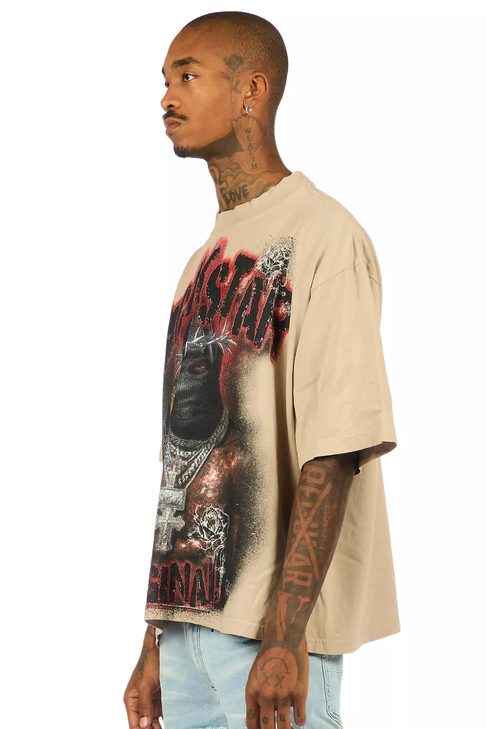 Rhydan Beige/Black Oversized Graphic T-Shirt