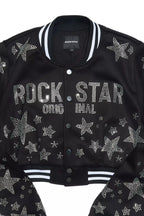 Shanda Black Crop Rhinestone Varsity Jacket