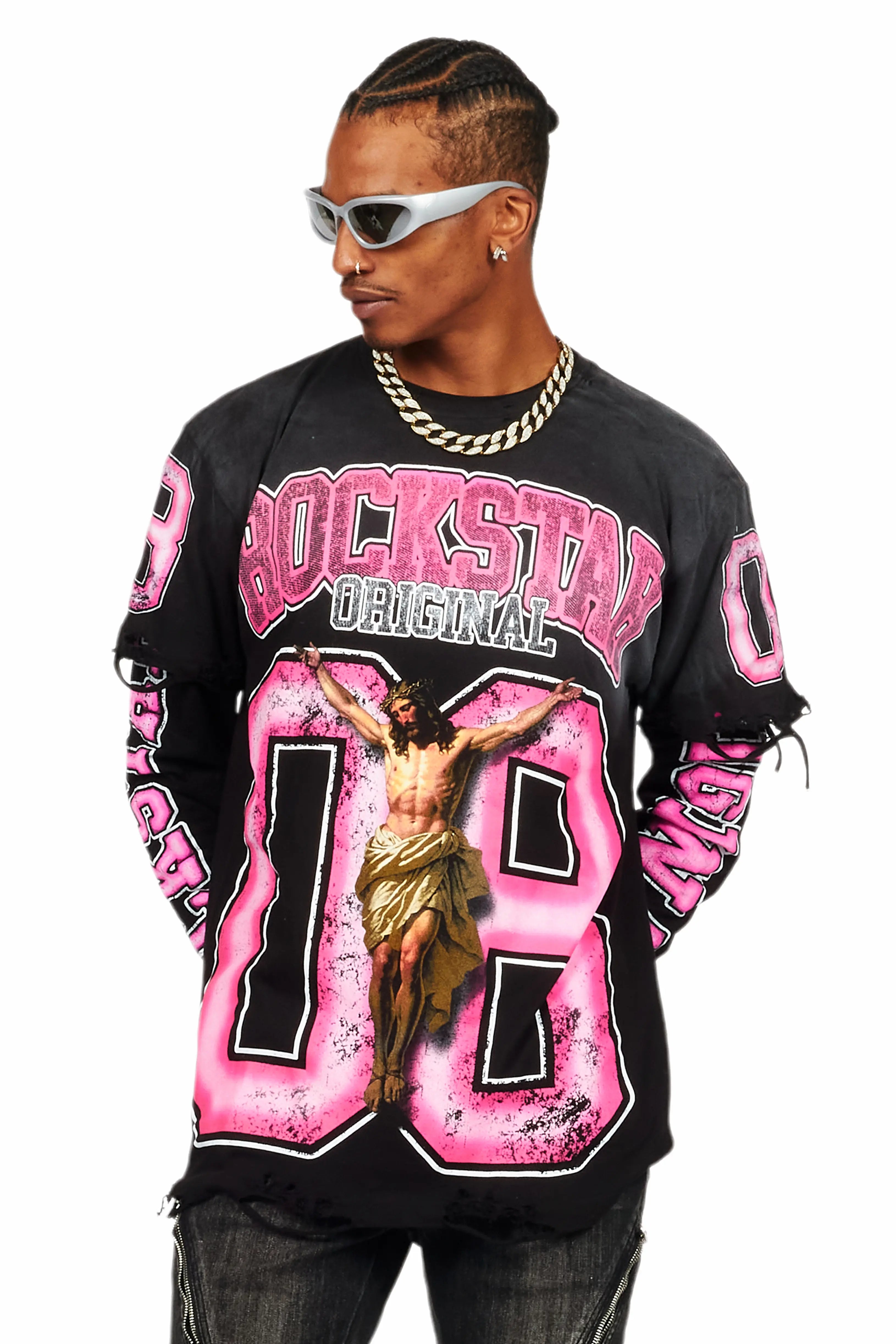 Fields Black Double Layer Long Sleeve Graphic T-Shirt