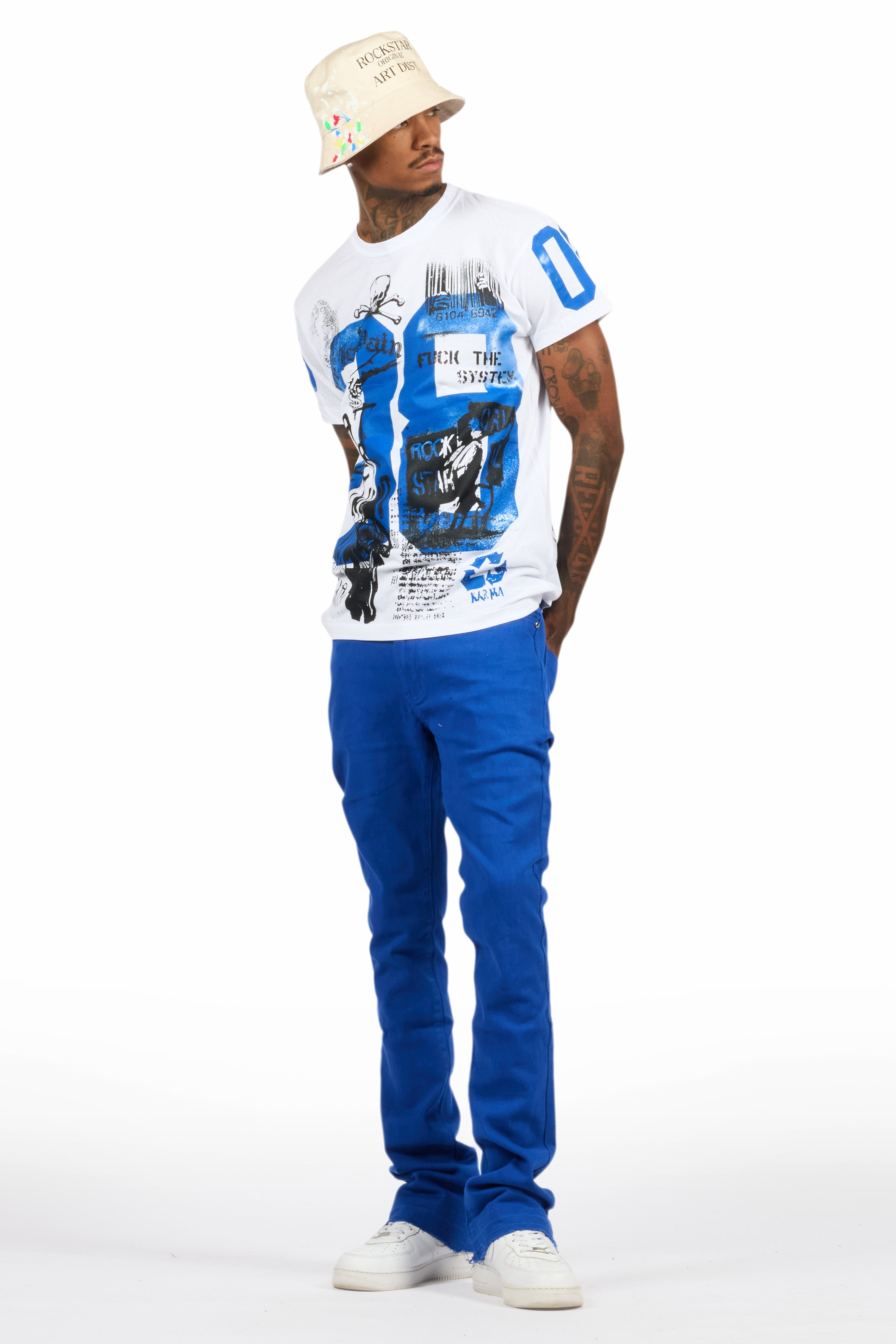 Grill White/Royal Blue Oversized Graphic T-Shirt/Dag Stacked Flare Jean Set