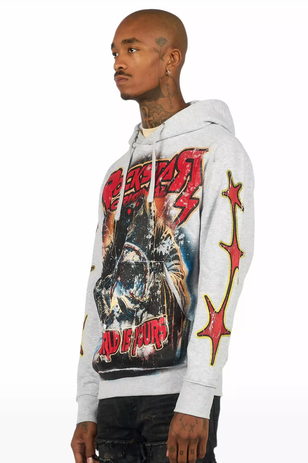 Lucian Heather Grey/Red Graphic Hoodie