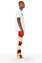 Kaizen Beige/Red Patchwork Super Stacked Flare Jean