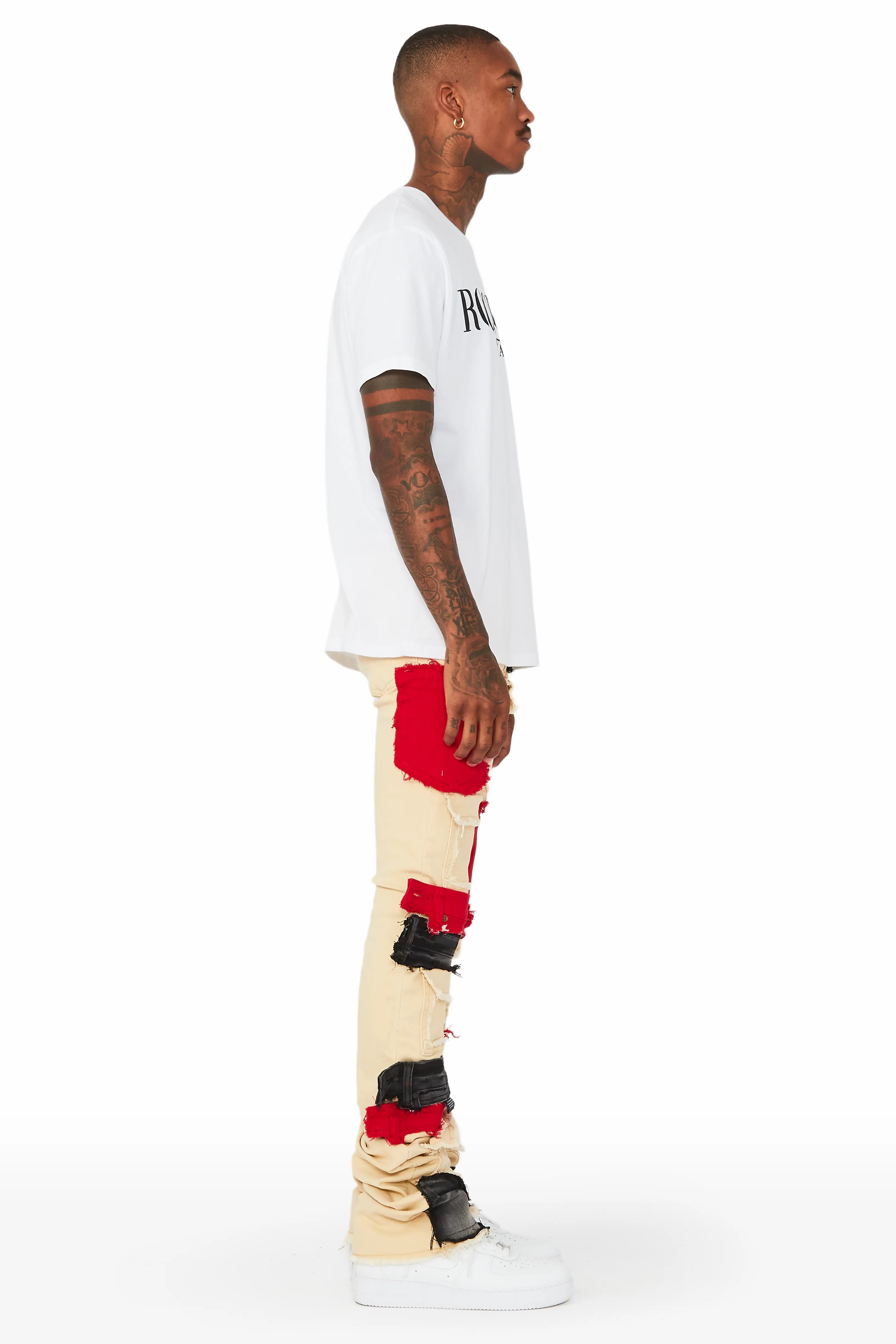 Kaizen Beige/Red Patchwork Super Stacked Flare Jean