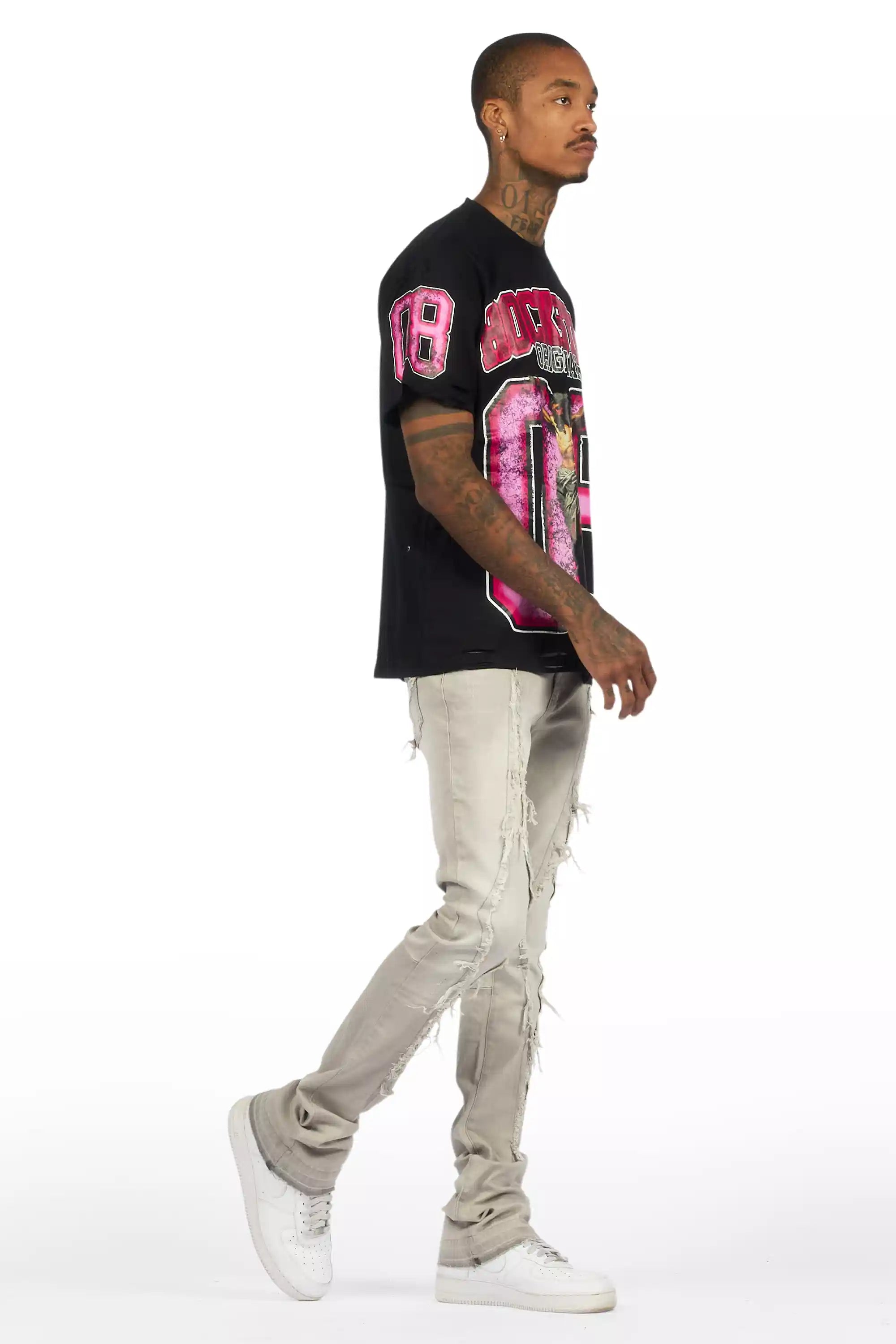 Fields Black Oversized Graphic T-Shirt/Painted Stacked Flare Jean