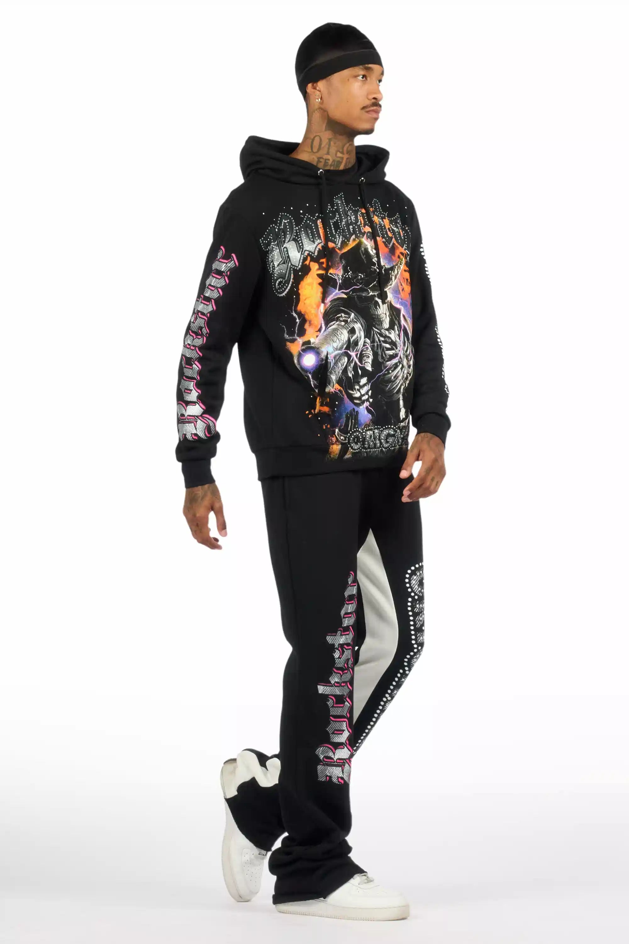 Bixner Black/Multi Hoodie/Baggy Stacked Track Pant Set