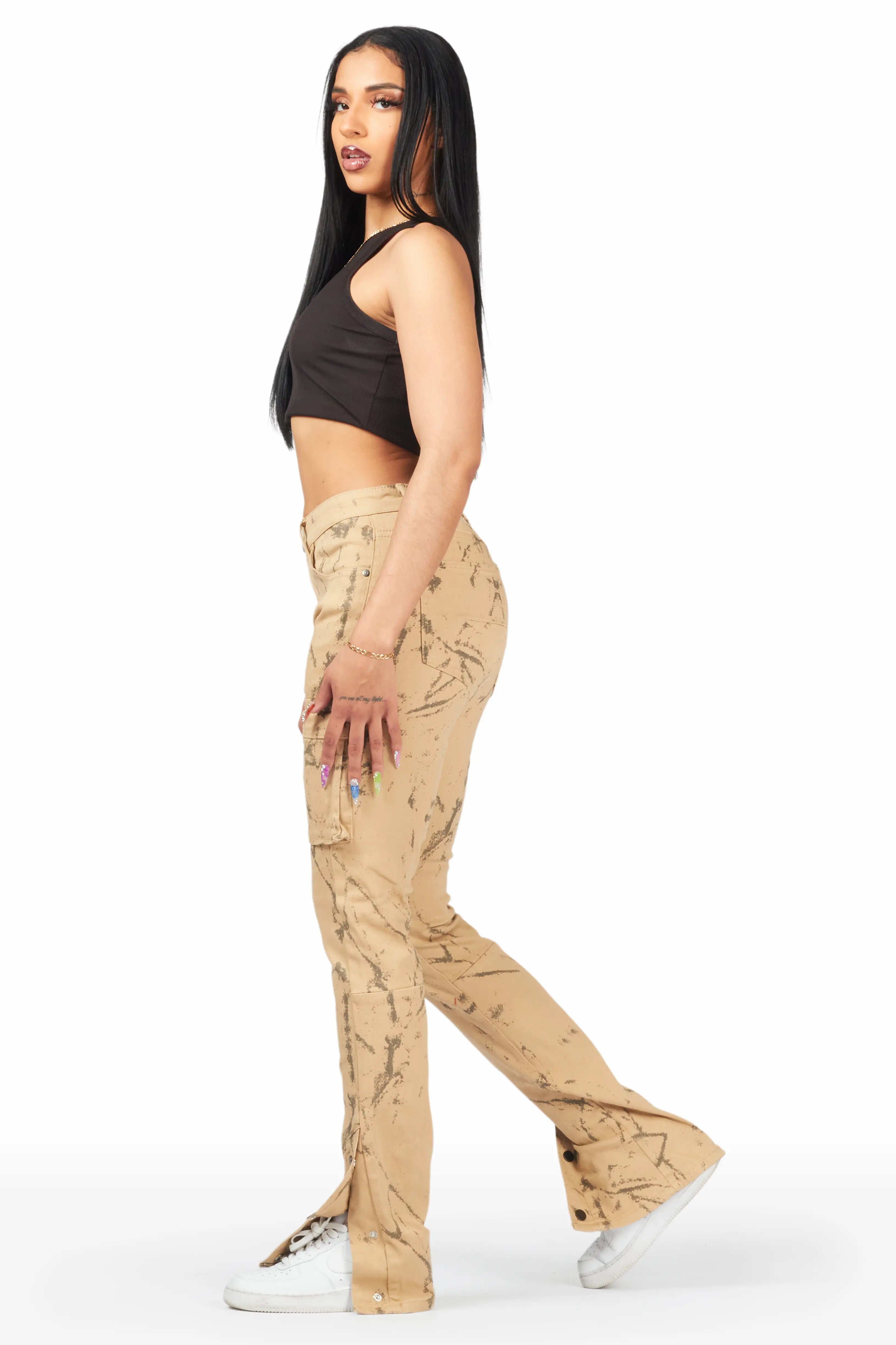 Shikira Tan Marble Stacked Flare Jean