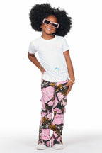 Girls Rasida White/Pink T-Shirt/Stacked Flare Jean Set
