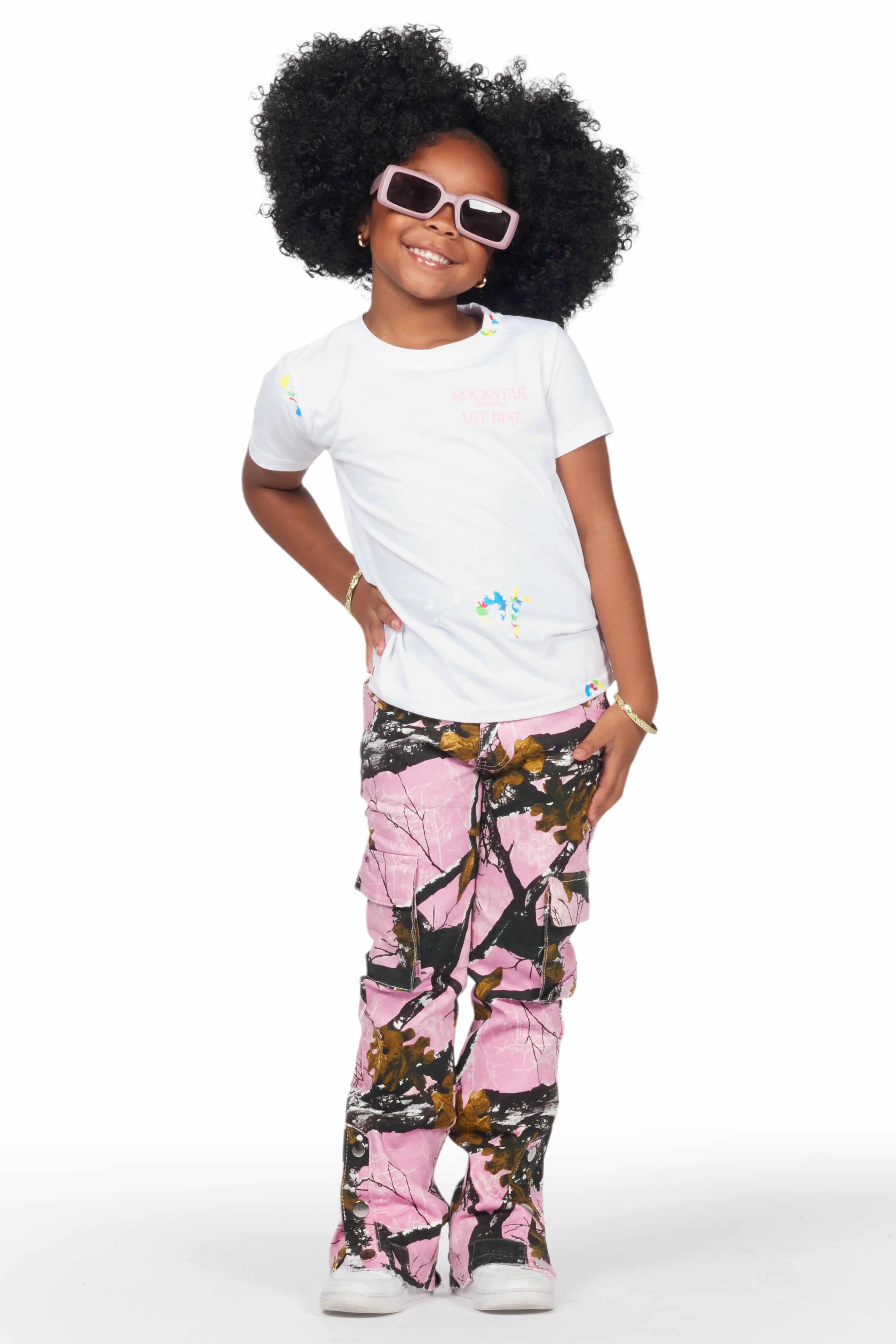 Girls Rasida White/Pink T-Shirt/Stacked Flare Jean Set