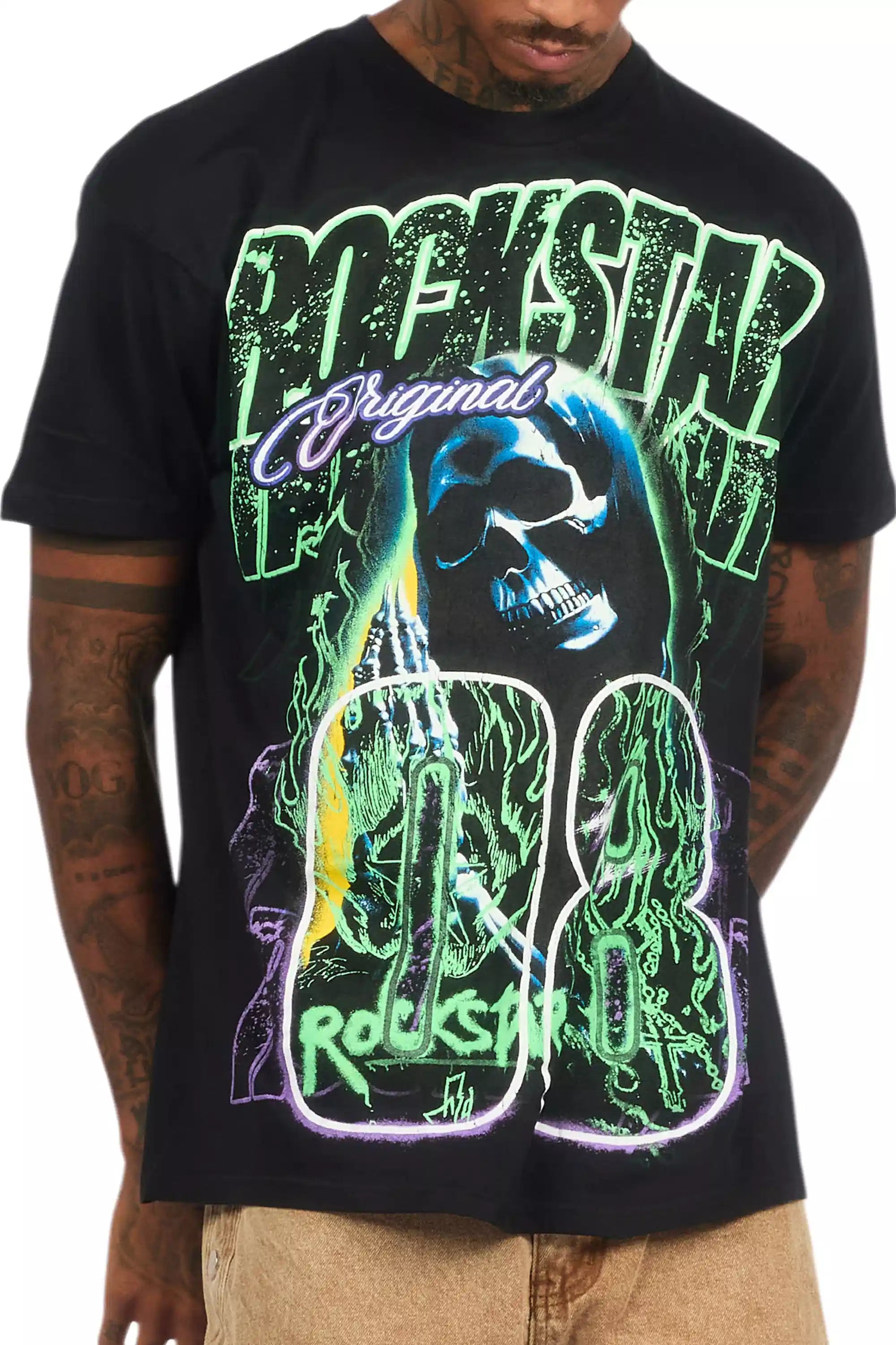 Kruz Black/Green Oversized Graphic T-Shirt