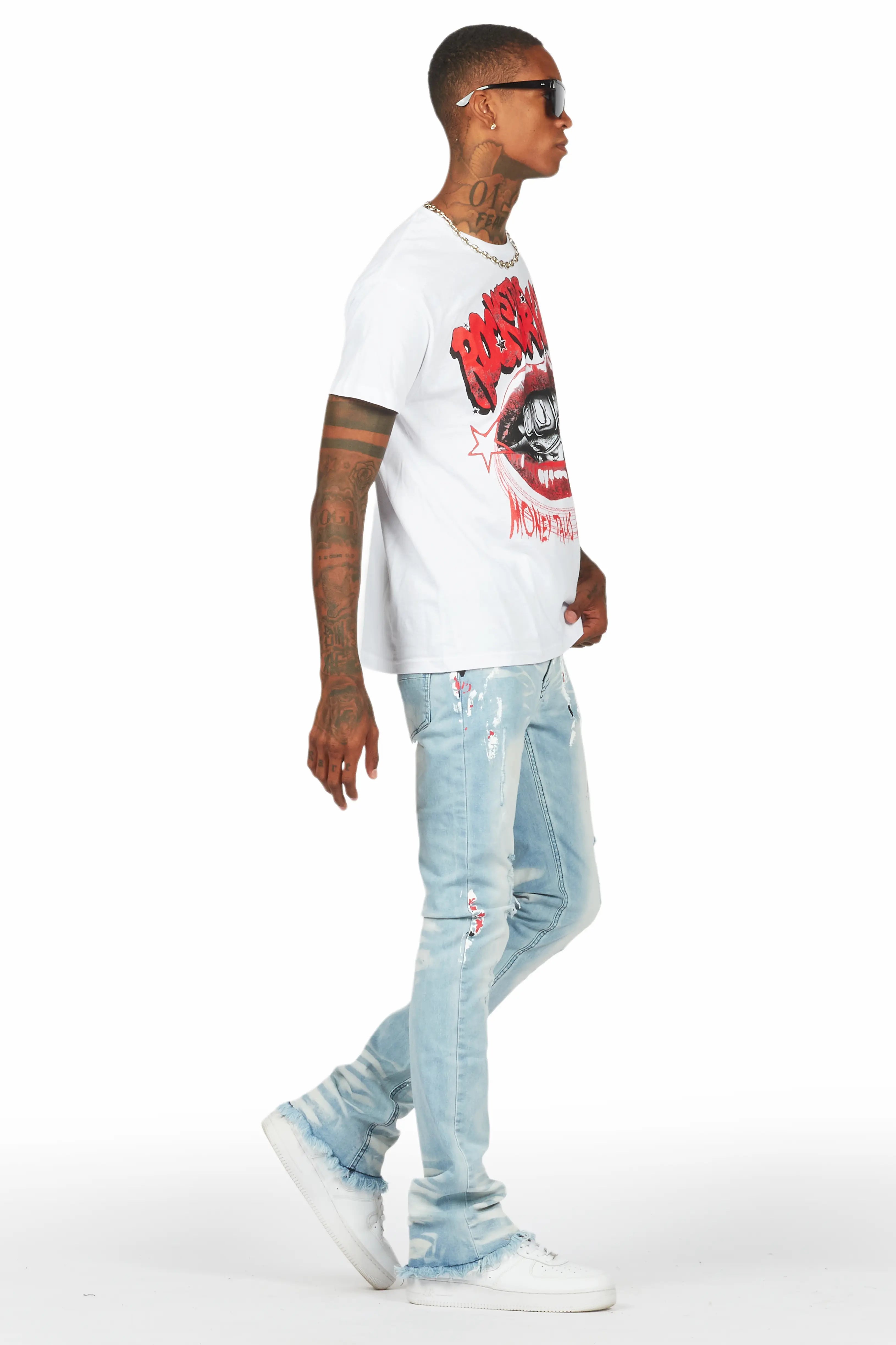 Bloke White/Blue T-Shirt/Stacked Flare Jean Set