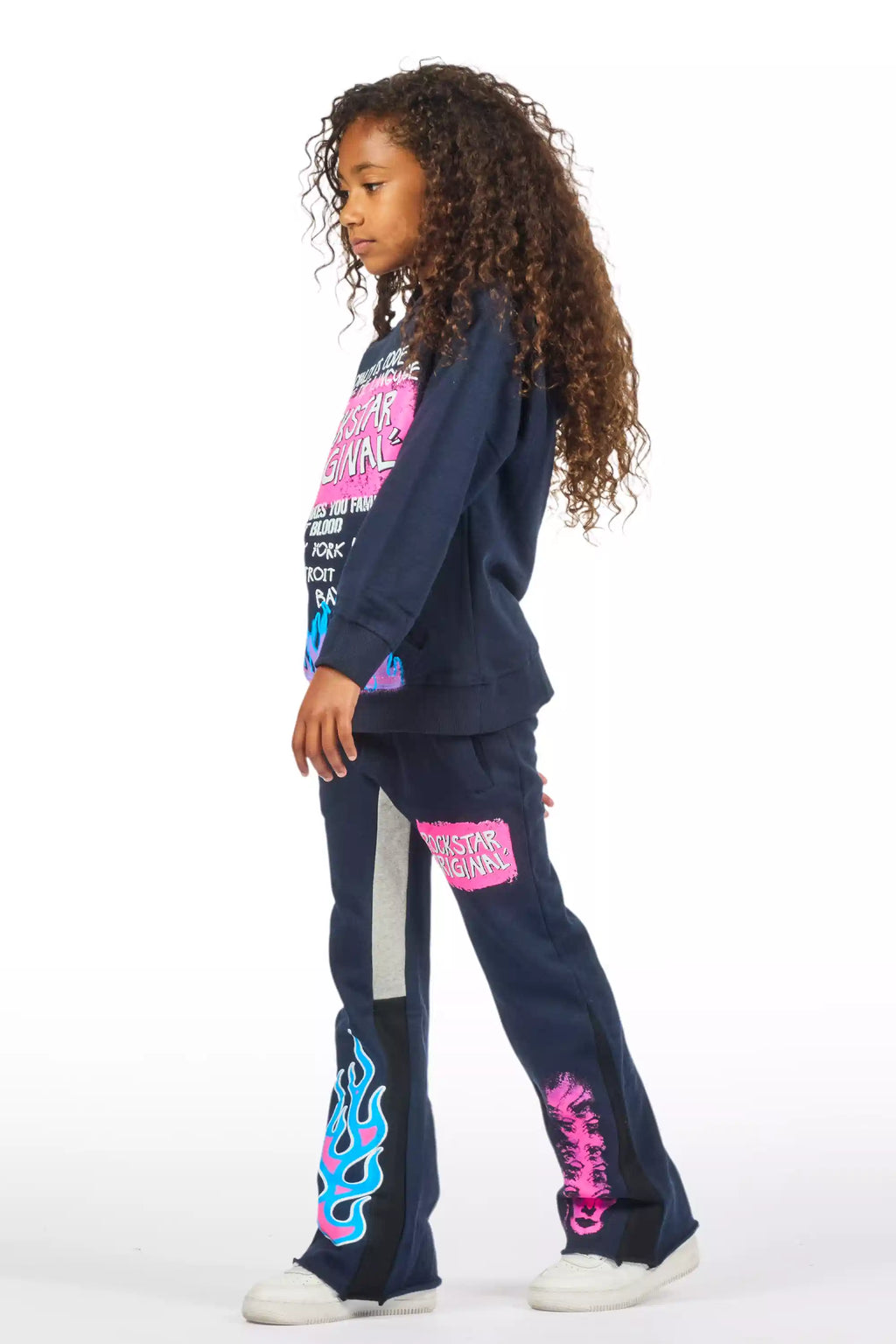 Girls Bridgette Navy/Pink Hoodie Stacked Flare Track Set