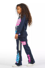 Girls Bridgette Navy/Pink Hoodie Stacked Flare Track Set