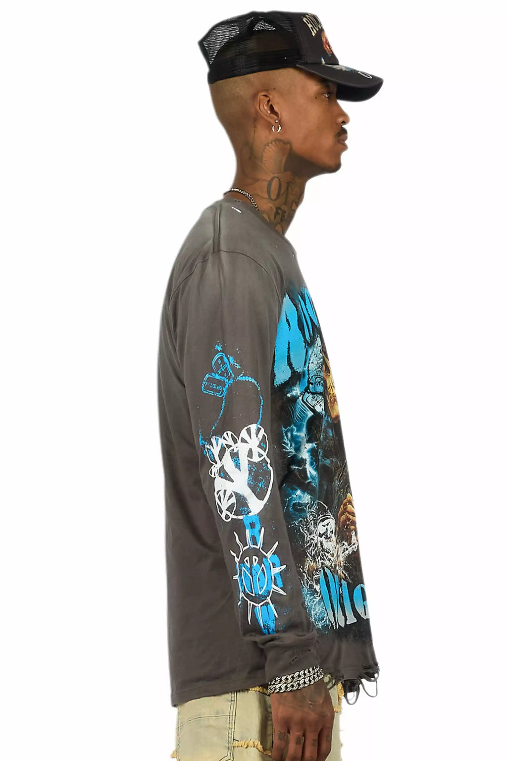 Zare Charcoal/Blue Long Sleeve Graphic T-Shirt