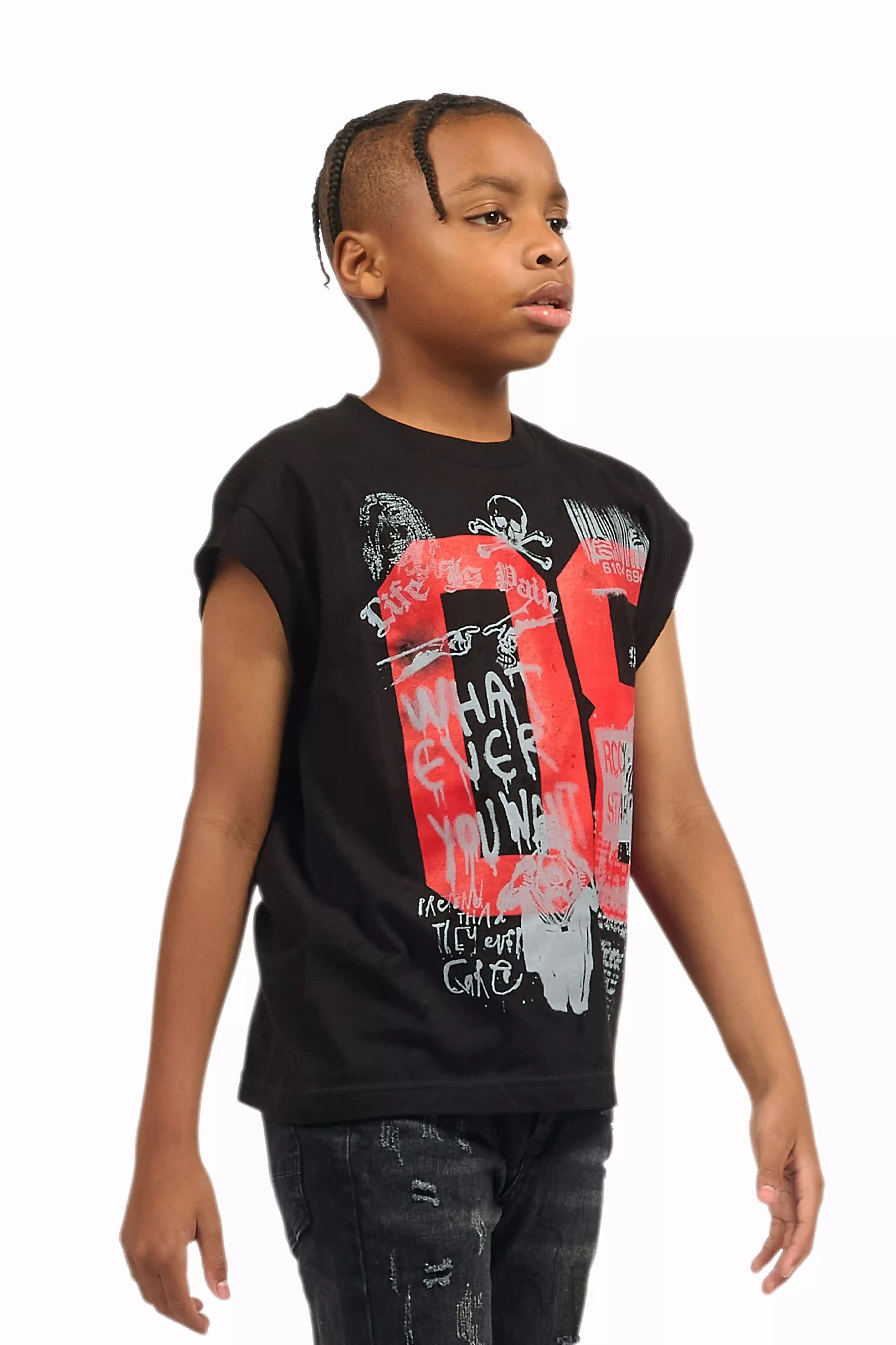 Boys Grill Black/Red Graphic Muscle T-Shirt