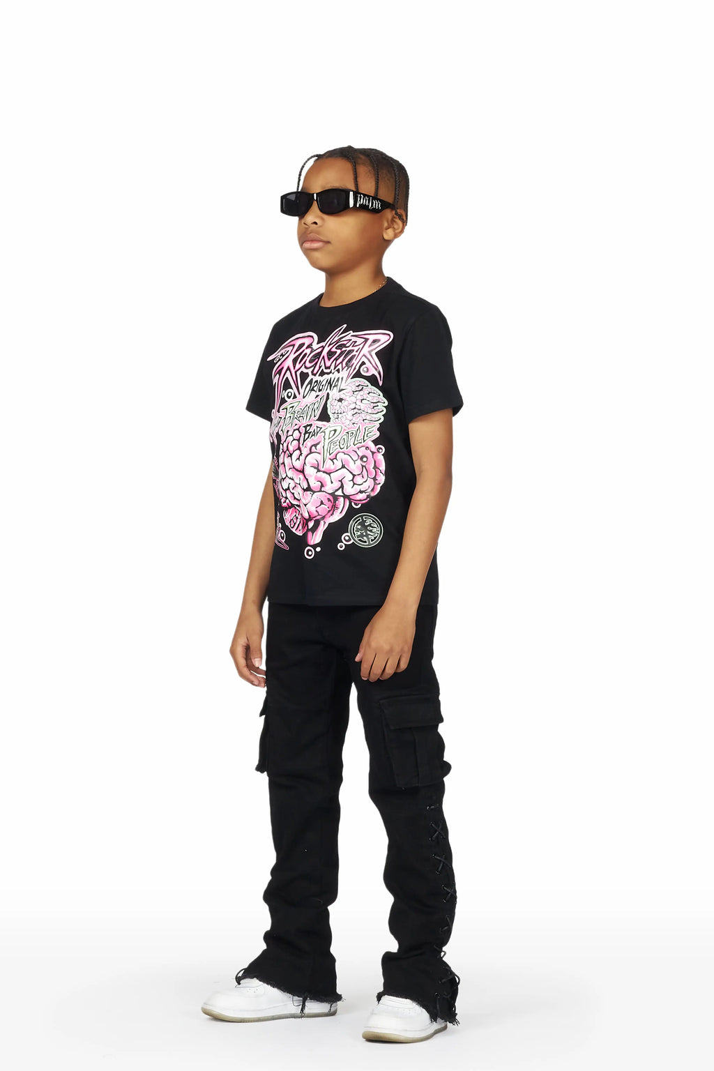 Boys Raine Black T-Shirt/Stacked Flare Cargo Jean