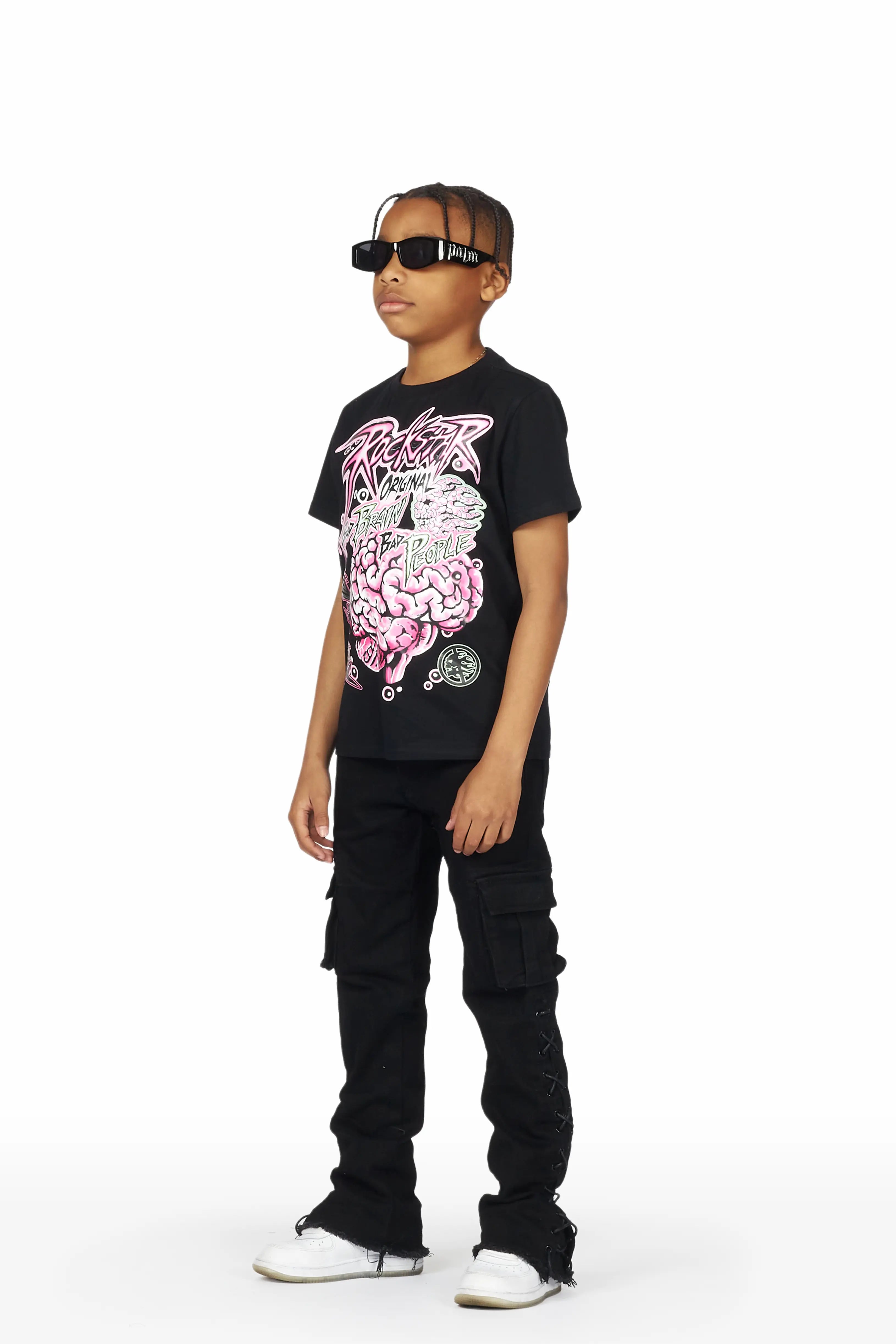 Boys Raine Black T-Shirt/Stacked Flare Cargo Jean