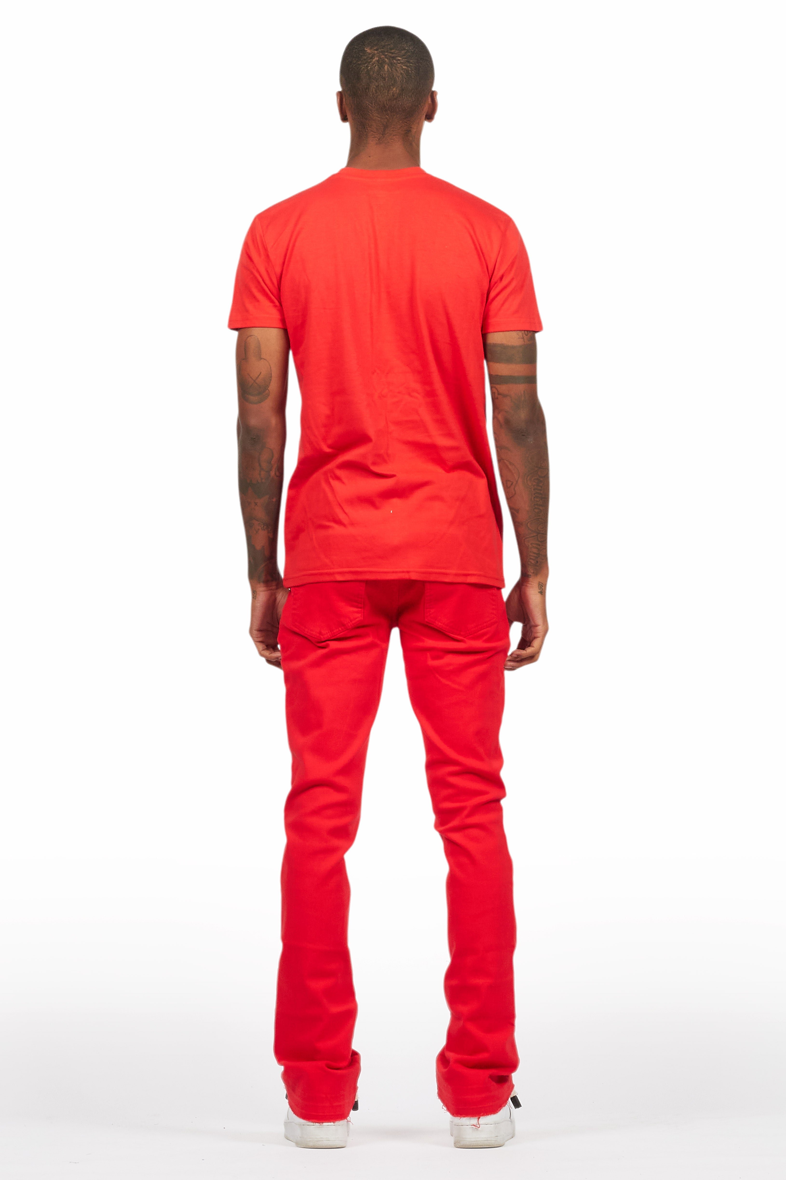 Sana Red T-Shirt/Dag Stacked Flare Jean Set
