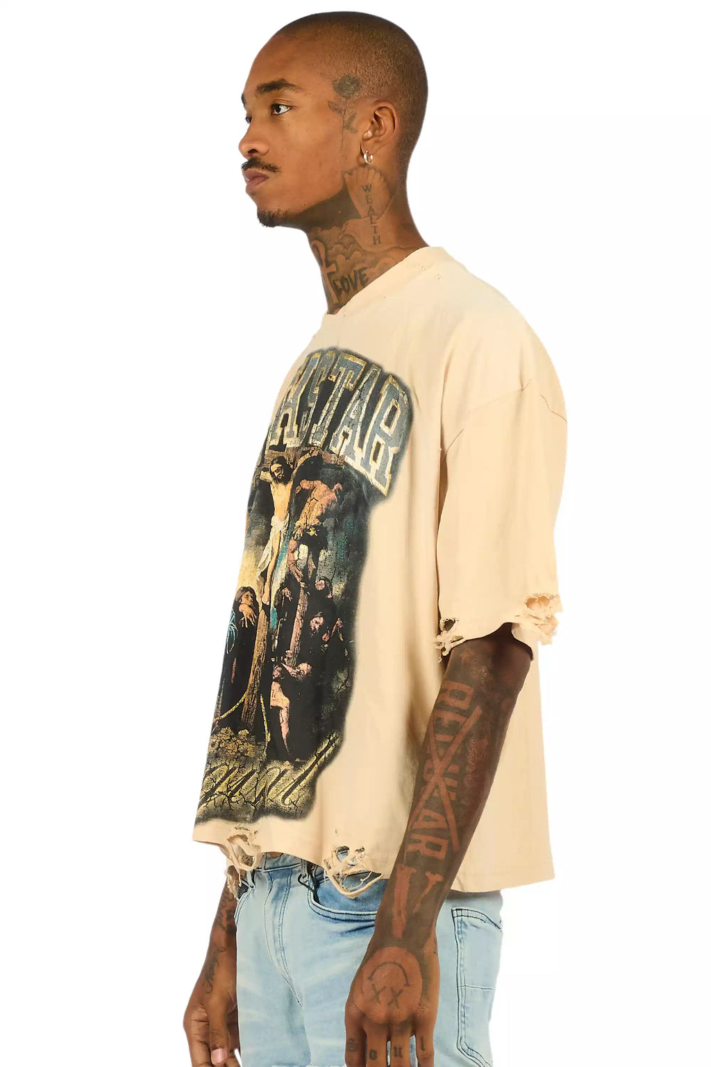 Waller Beige/Blue Boxy Crop T-Shirt