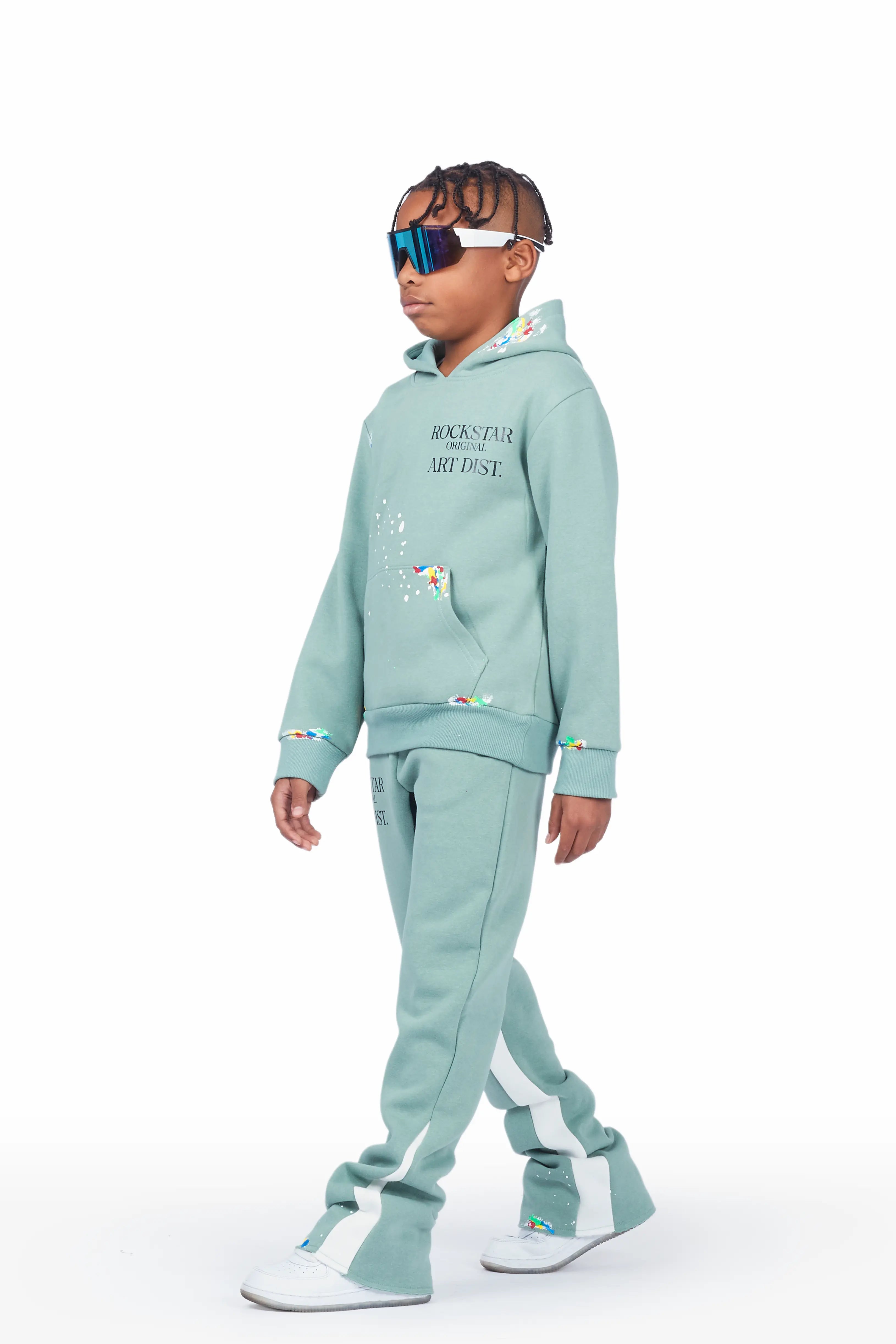 Boys Art Dist. Sage/White Hoodie Stacked Flare Track Set
