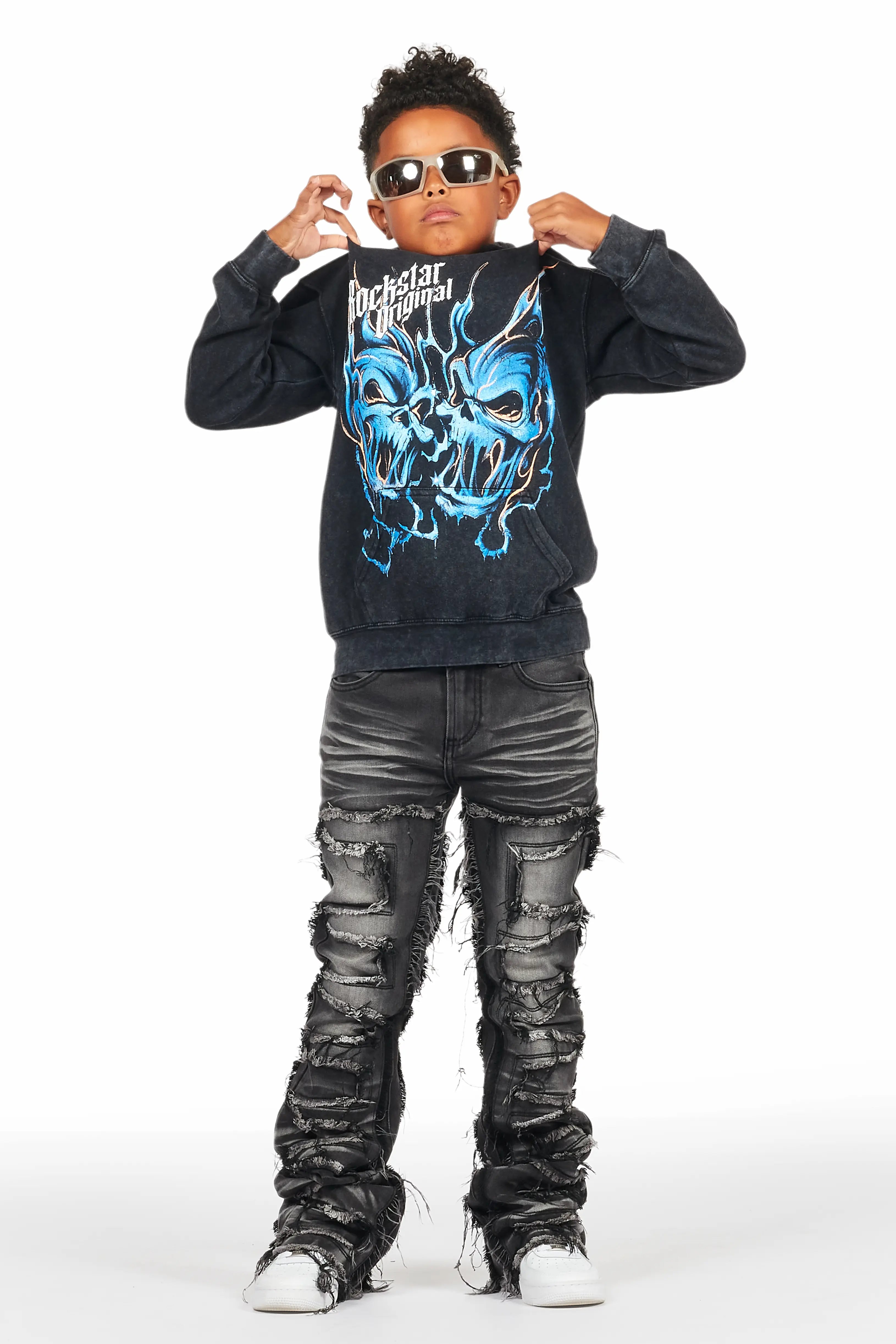 Boys Texastea Vintage Black Hoodie/Stacked Flare Jean Set
