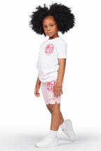 Girls Racha White/Pink T-Shirt Denim Short Set
