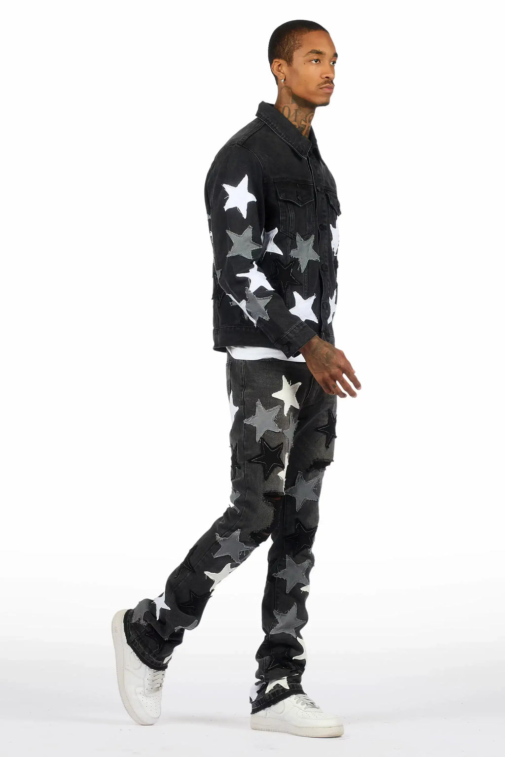 Starlane Jet Black Denim Jacket/Stacked Flare Jean Set