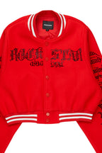 Gianni Red Crop Rhinestone Varsity Jacket
