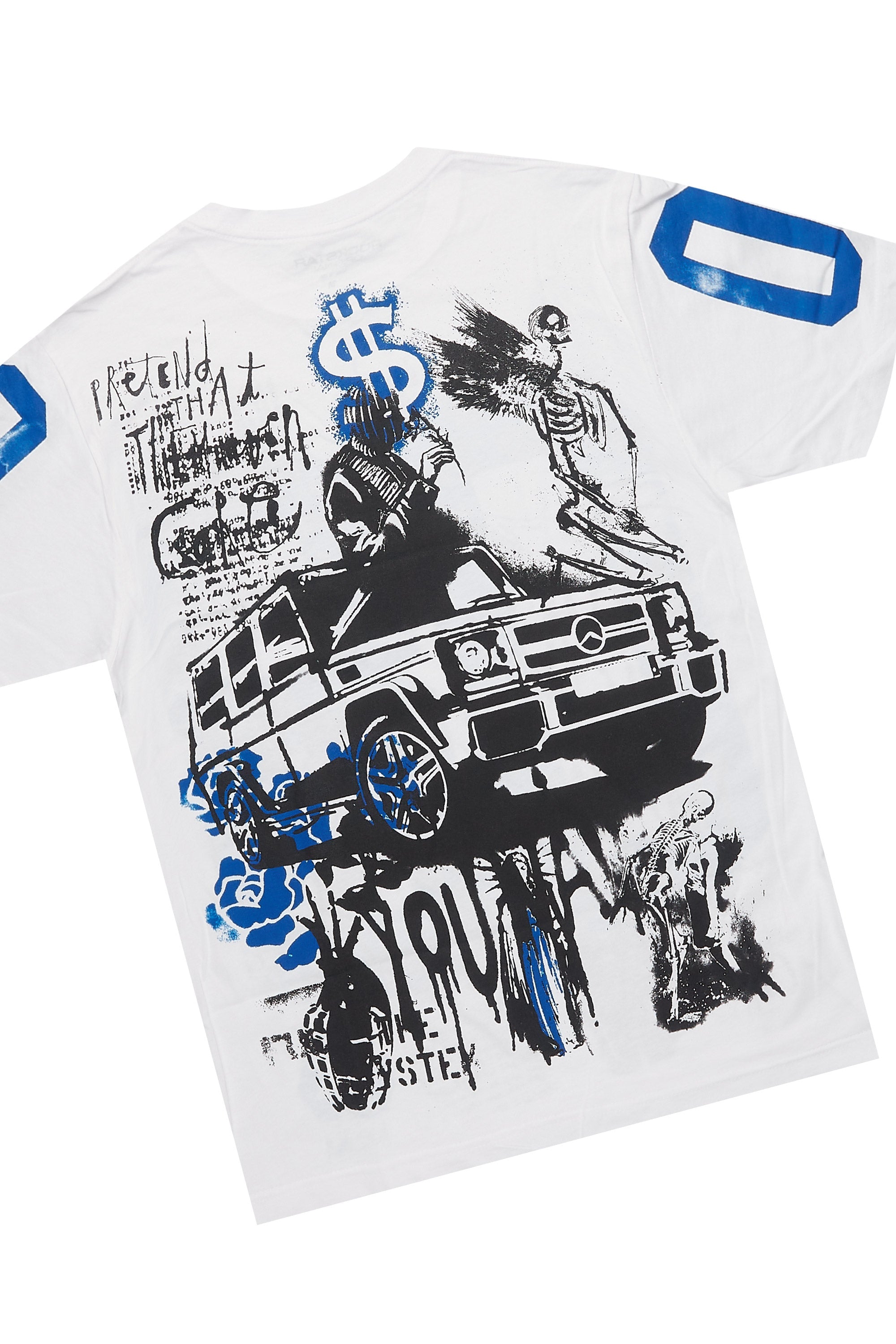 Grill White/Blue Oversized Graphic T-Shirt/Dag Stacked Flare Jean Set