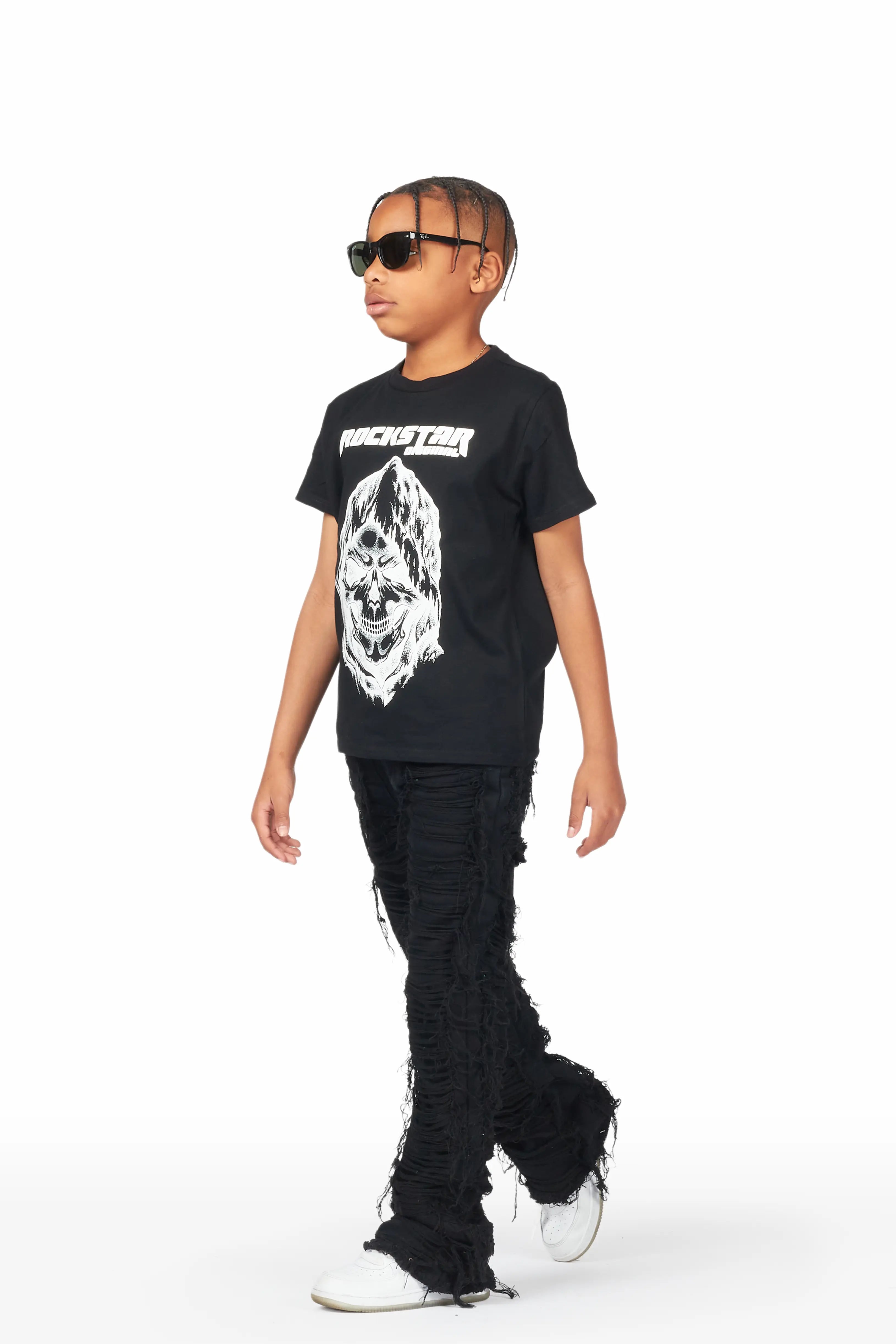 Boys Daichi Black T-Shirt/Stacked Flare Jean Set